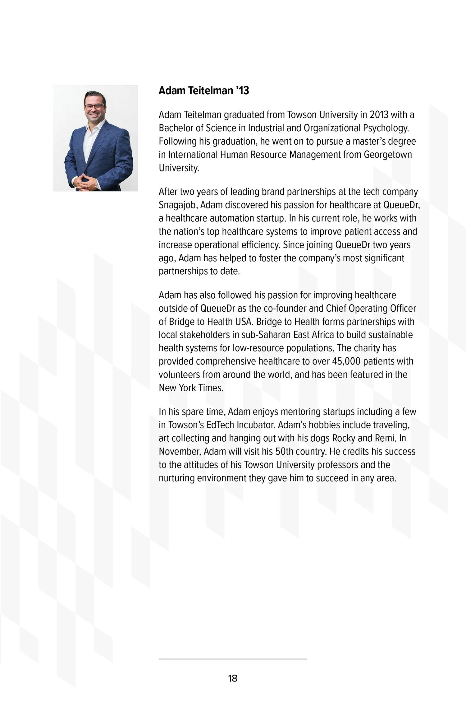 A professional profile page featuring a portrait of a man in a blue suit and glasses, smiling, with text detailing his educational background and career in healthcare and technology.