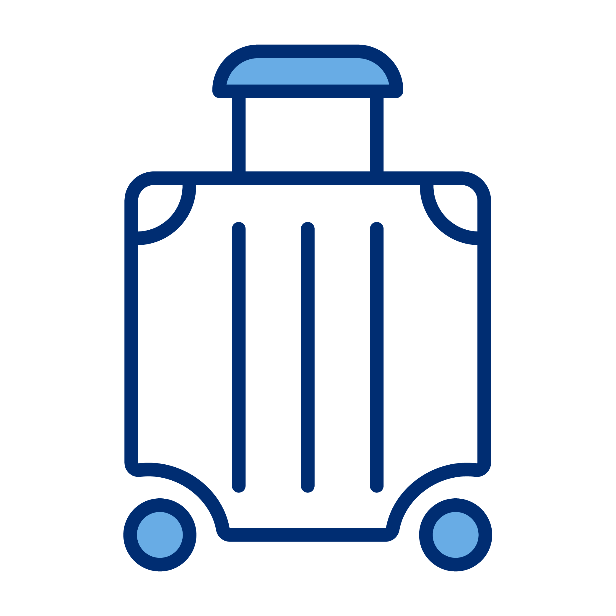 Outline drawing of a rolling suitcase with a handle and two wheels, in shades of blue.