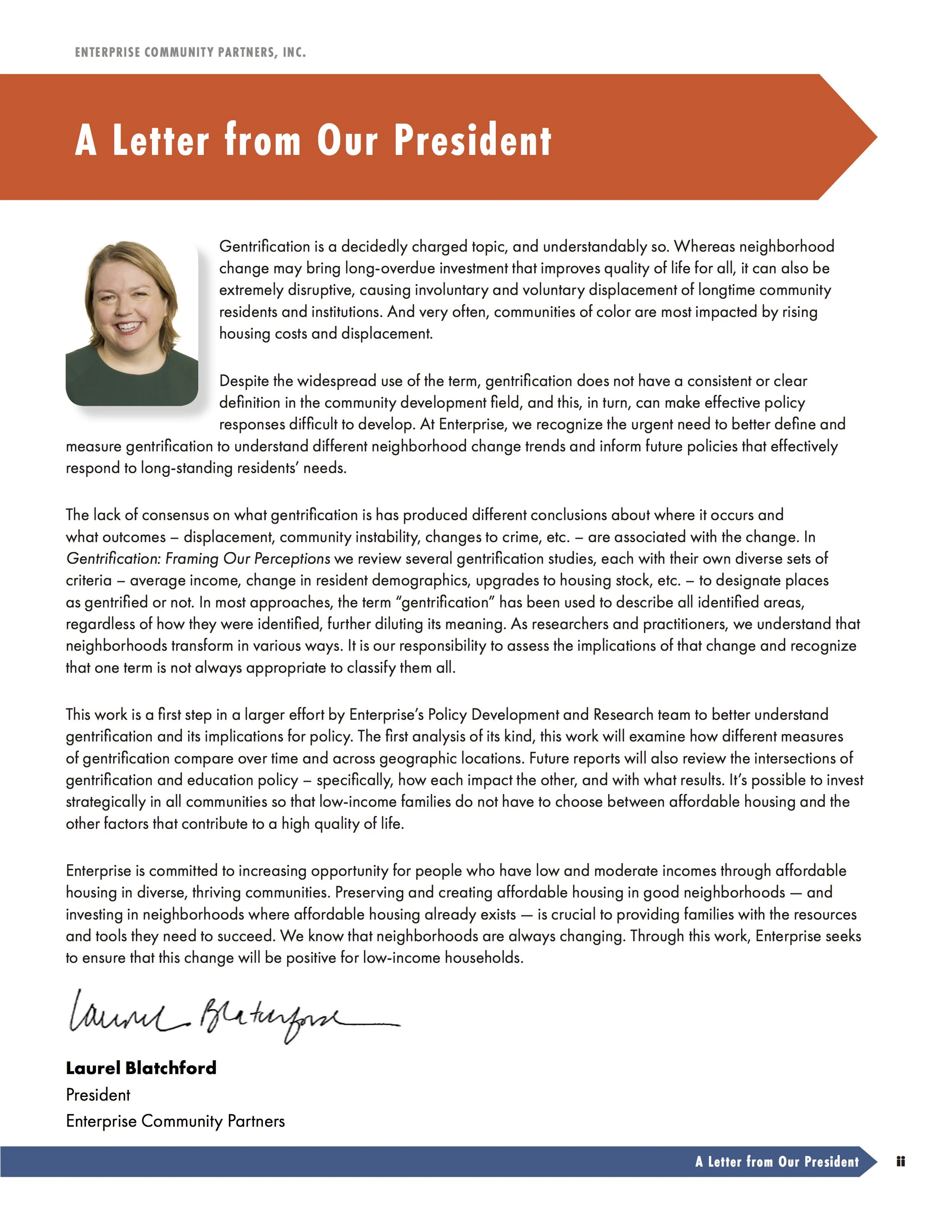 A formal letter from the President of Enterprise Community Partners, Inc., discussing gentrification and its impact on communities, signed by Laurel Blatchford, with a small photo of her at the top left.