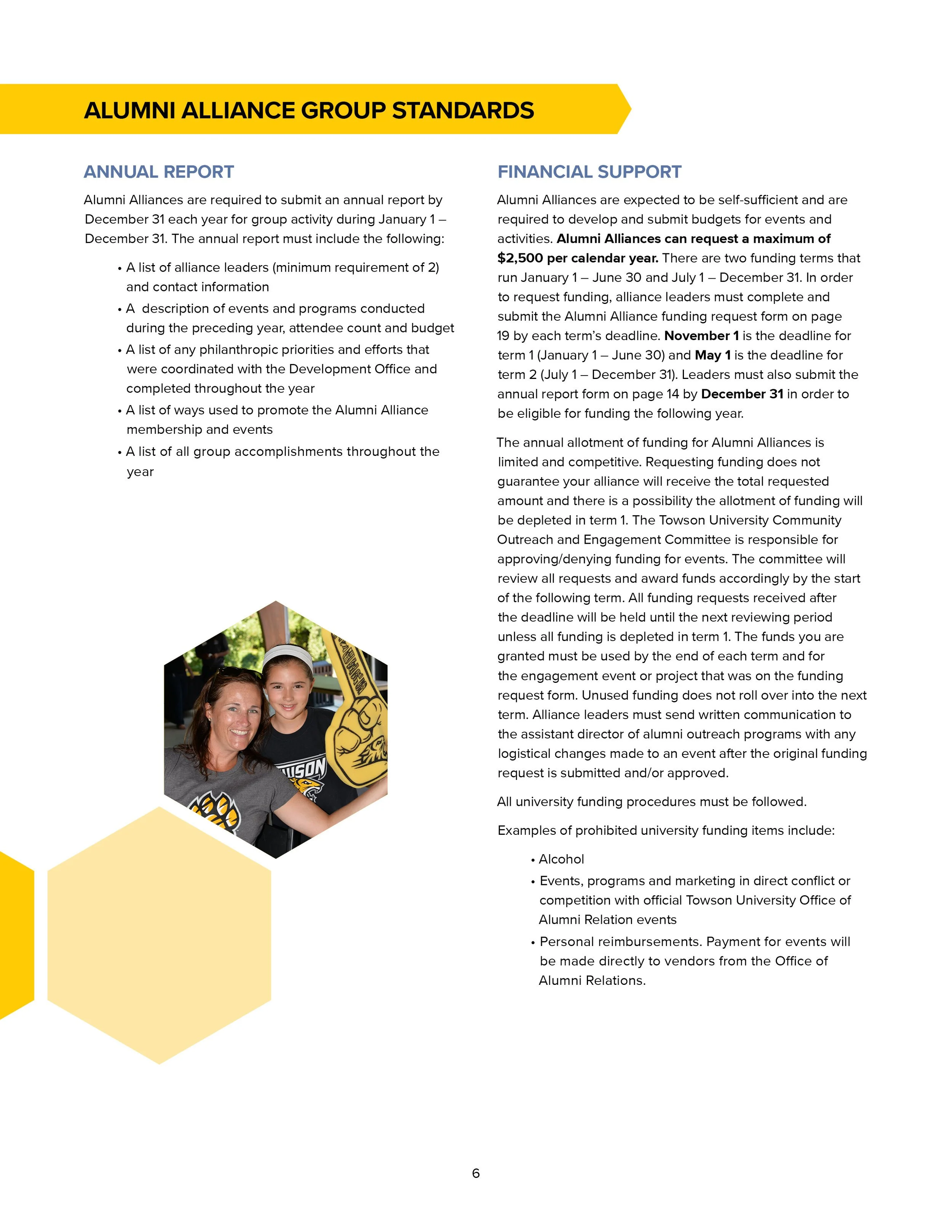 Page from an annual report detailing alumni alliance group standards, including sections on annual reporting, financial support, and prohibited university funding items, with a photo of two people smiling and a yellow and black themed design.