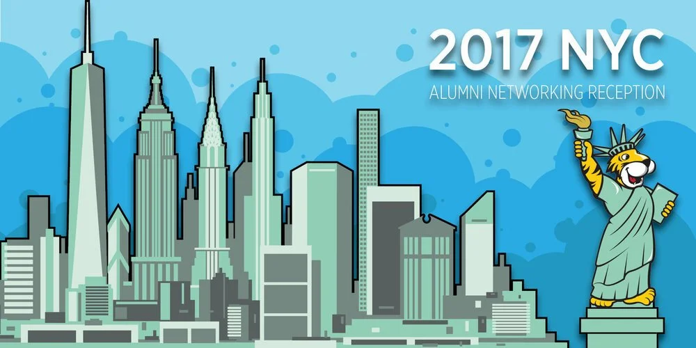 Illustration of the New York City skyline with iconic skyscrapers and the Statue of Liberty mascot, promoting the 2017 NYC Alumni Networking Reception.