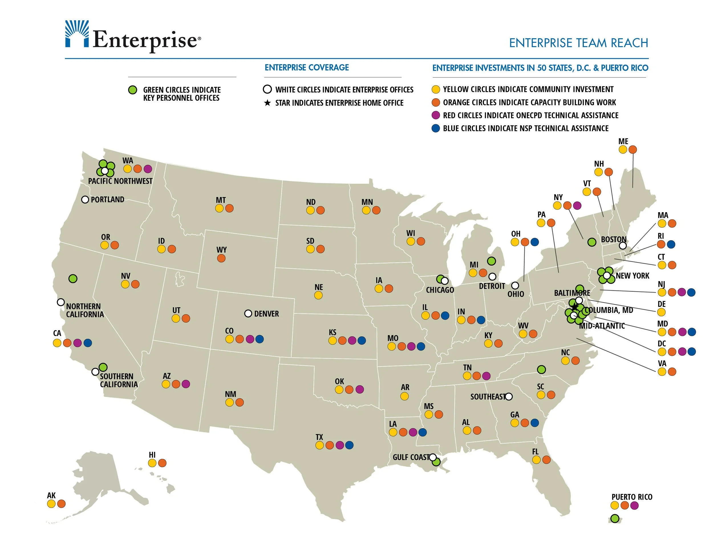 Map of the United States showing enterprise office locations marked by white circles. Many states also have colored circles indicating community investment, capacity building work, technical assistance, or enterprise home offices, with different colo