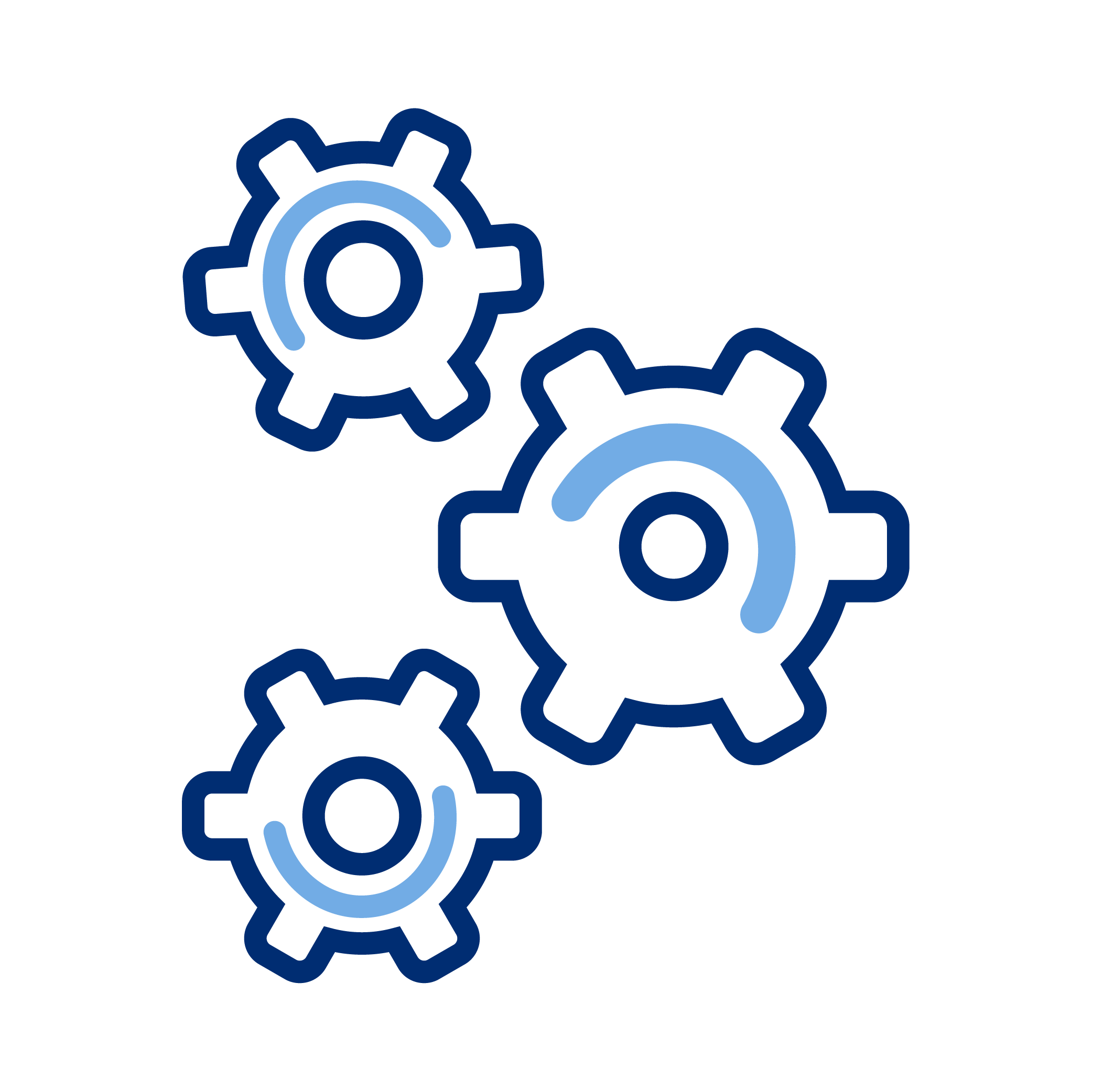 Illustration of three interconnected gears in dark blue and light blue on a black background, representing mechanics or technology.