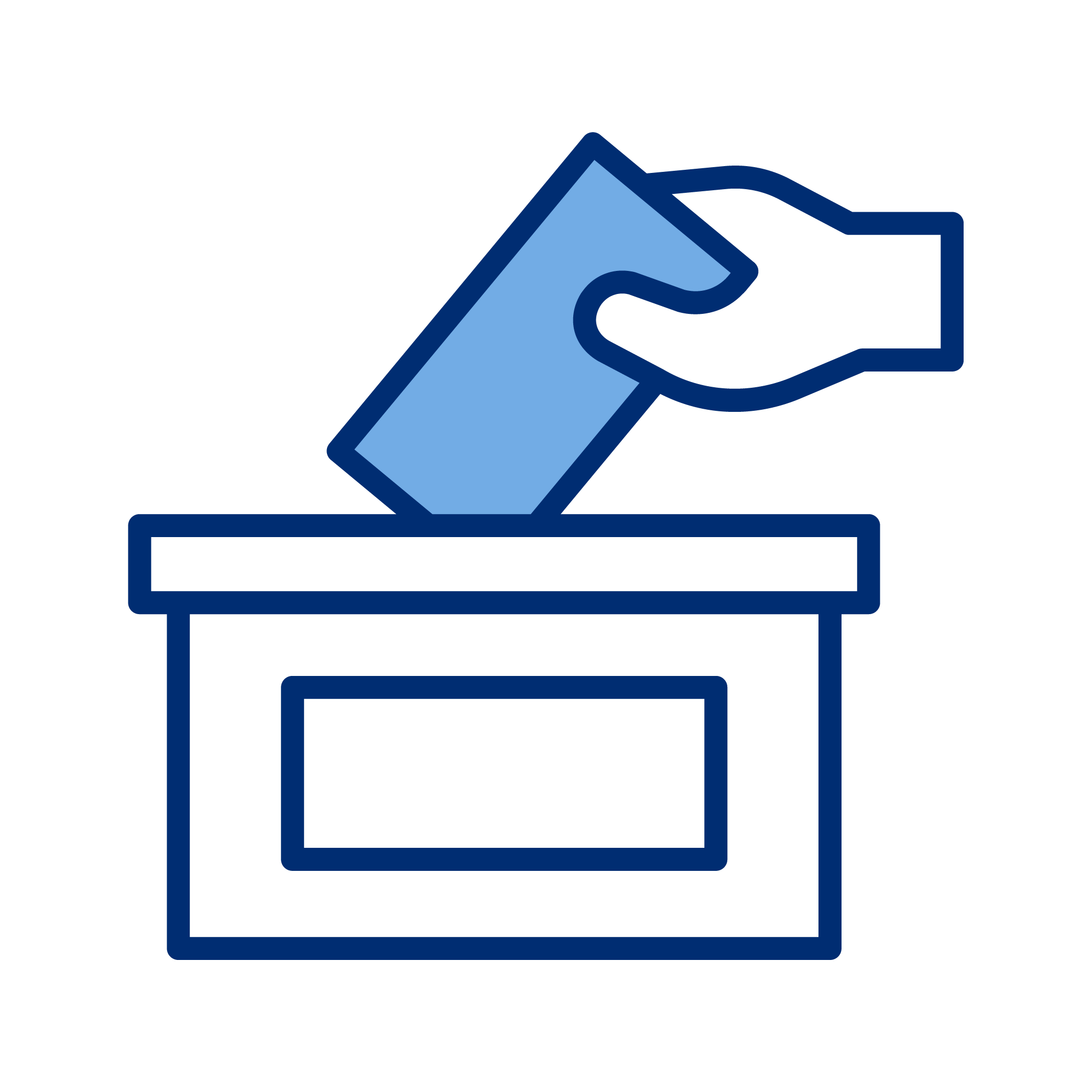Illustration of a hand placing a paper ballot into a ballot box.