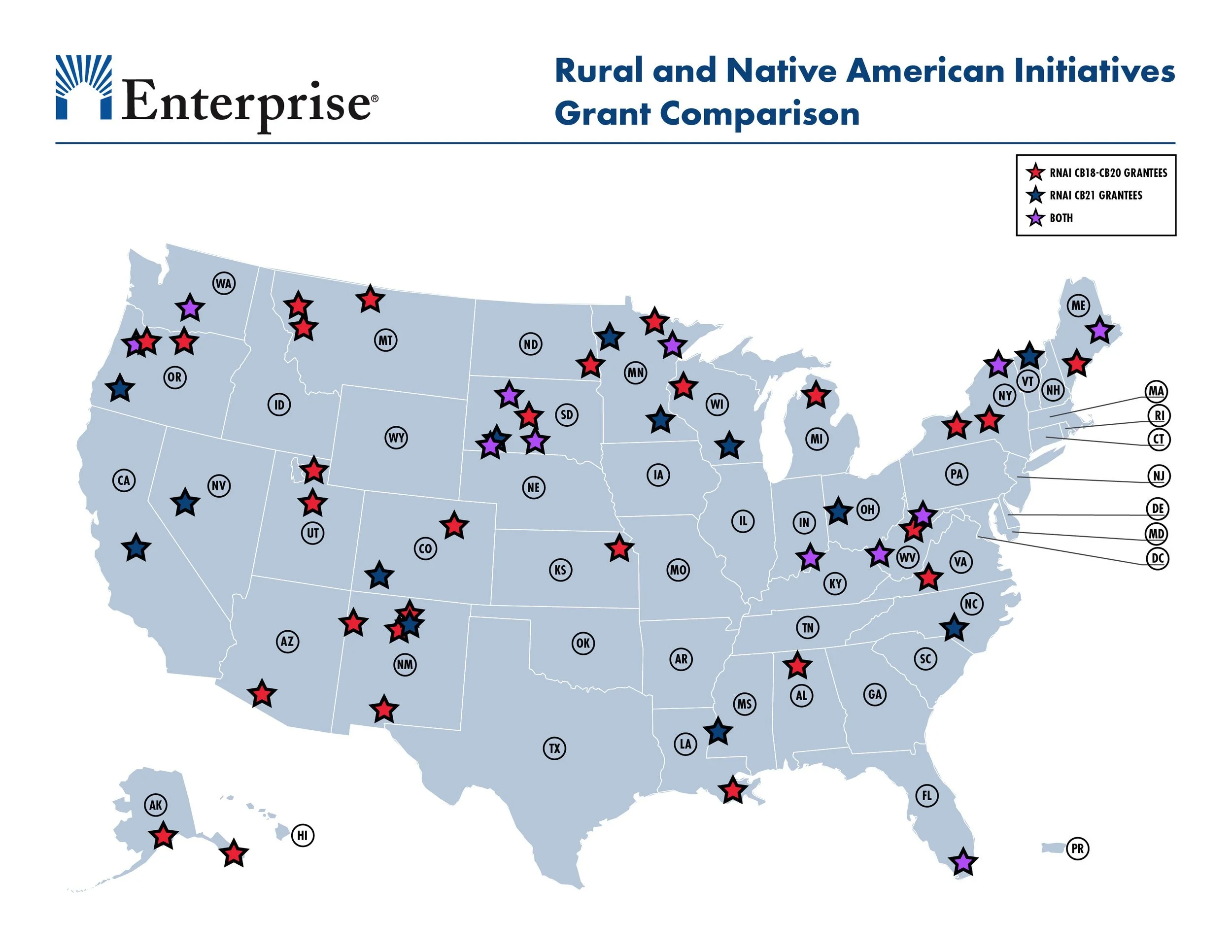 Map of the United States showing counties with grants for rural and Native American initiatives, marked with red, blue, and purple stars indicating different grant types.