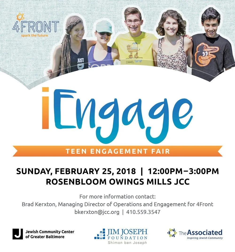 A poster for the iEngage Teen Engagement Fair featuring a group of five smiling teenagers standing together, with the event details including date, time, location, and contact information.