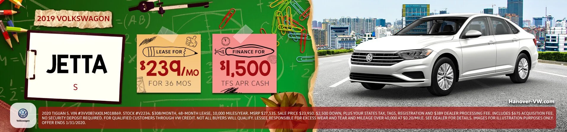 Image of a white 2019 Volkswagen Jetta parked on a rooftop with a city skyline in the background. The left side features a colorful, school-themed advertisement promoting leasing and financing options for the Jetta.