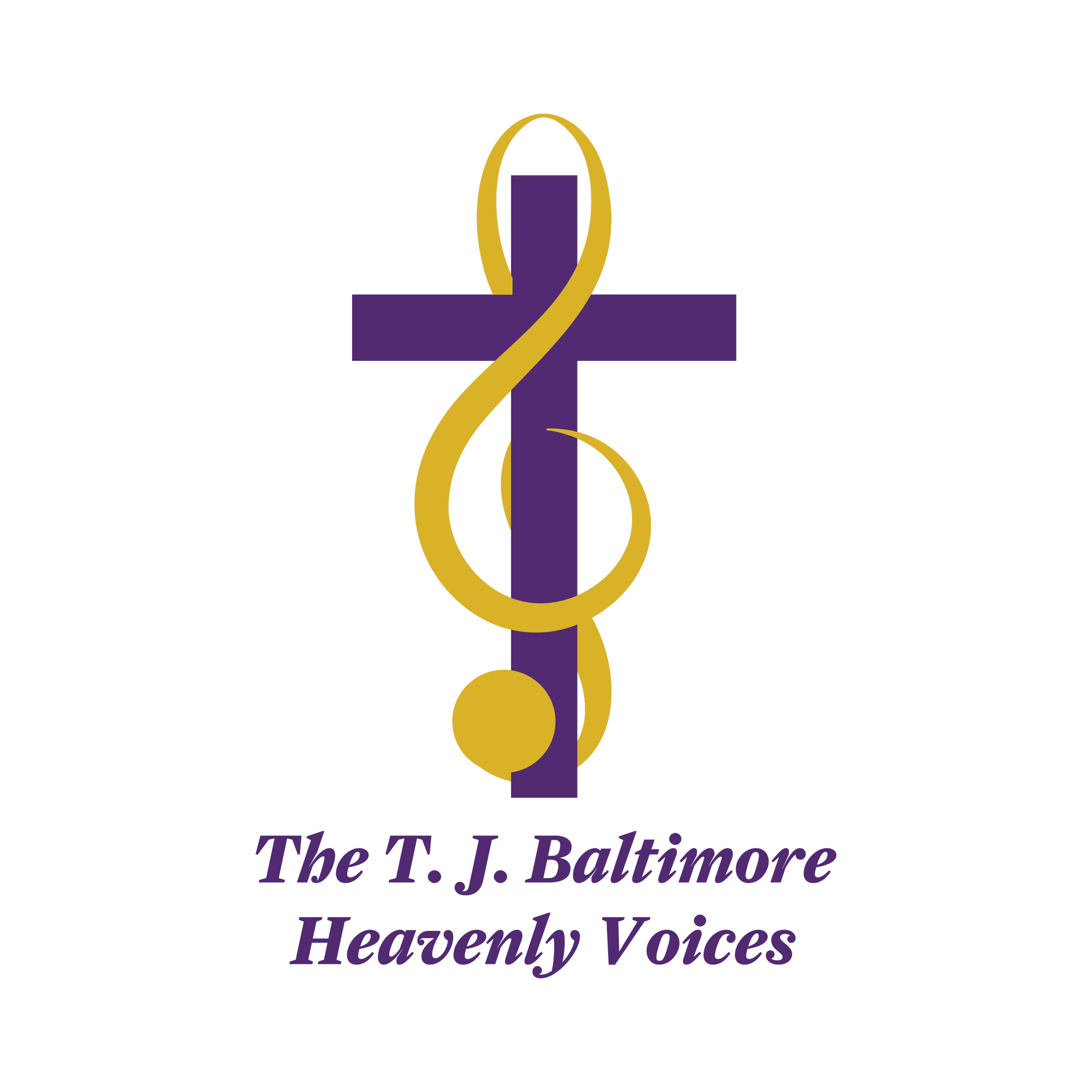 A logo featuring a purple cross with a gold treble clef intertwined, and text reading 'The T. J. Baltimore Heavenly Voices' below.