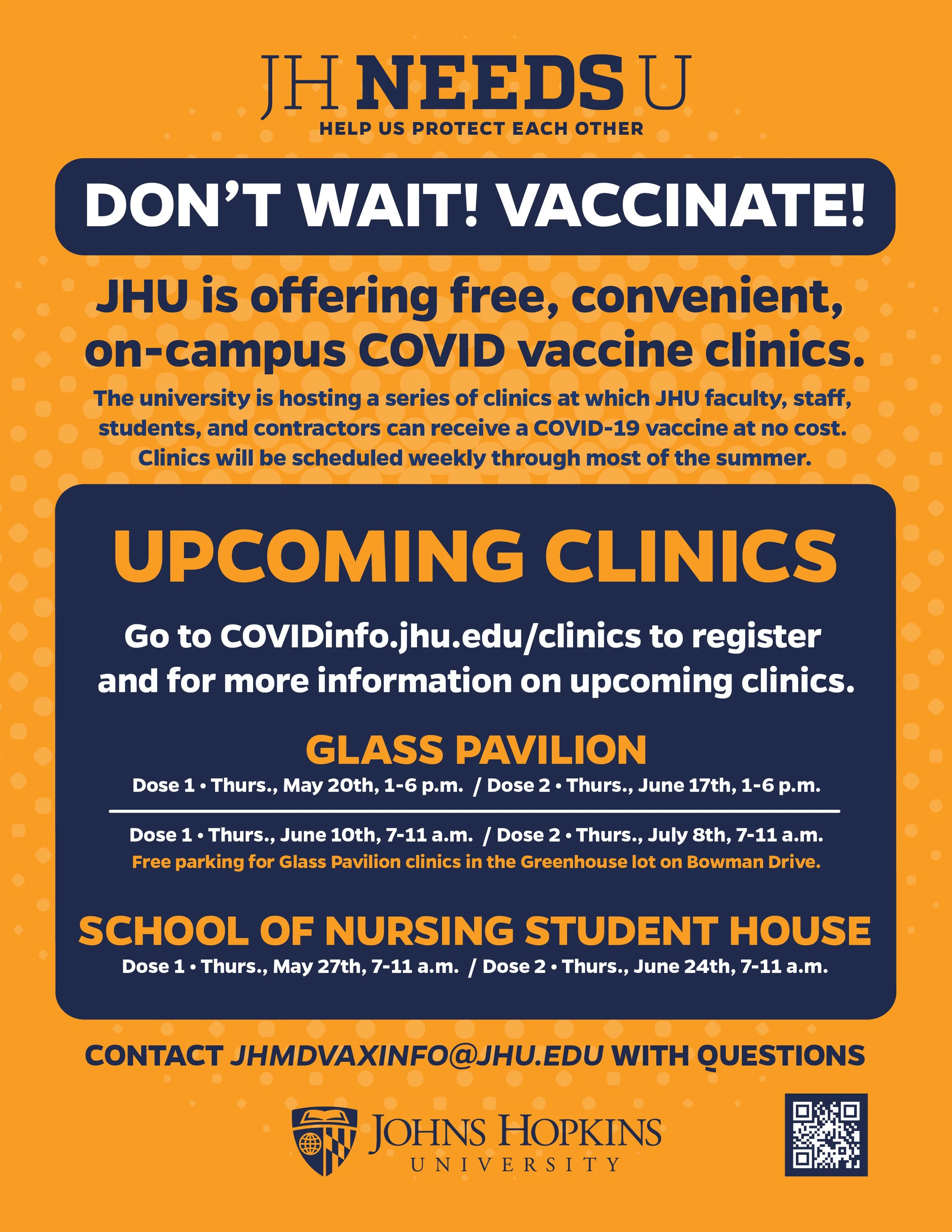 A recruitment poster from Johns Hopkins University promoting free on-campus COVID-19 vaccination clinics, with details of upcoming clinics, registration information, and contact email.