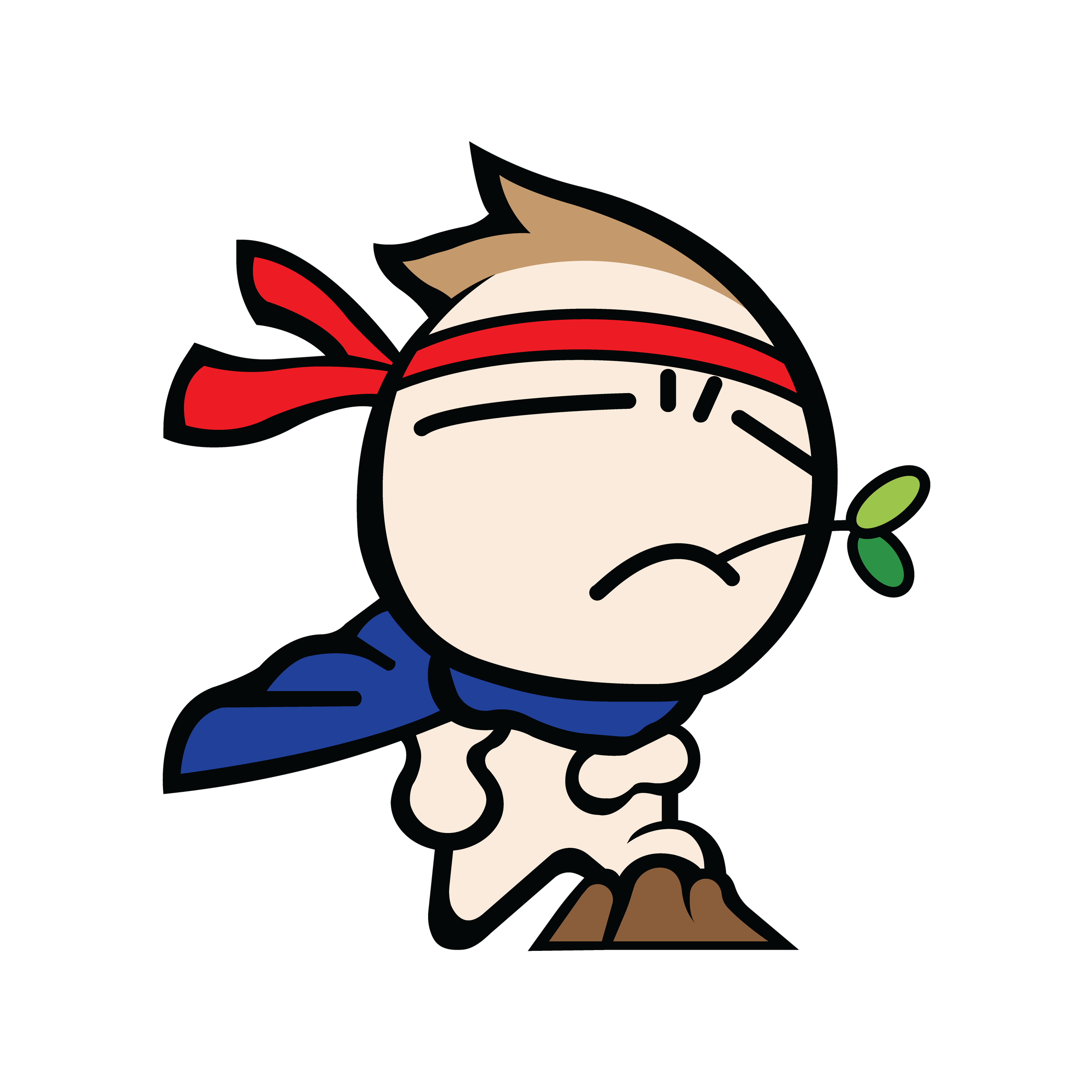 Cartoon ninja kid with a red headband, blue cape, and a green leaf in mouth, looking determined and leaning on a rock.