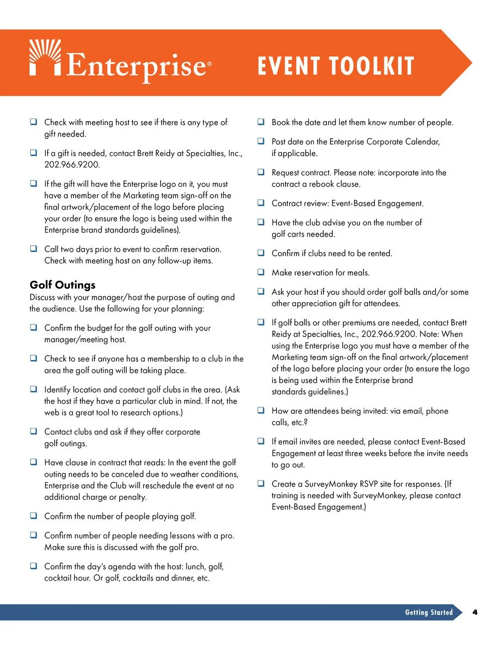 Page from a guide titled 'Enterprise Event Toolkit,' containing checklists and instructions for planning corporate events and golf outings, with sections discussing responsibilities, reservations, food, and engagement.