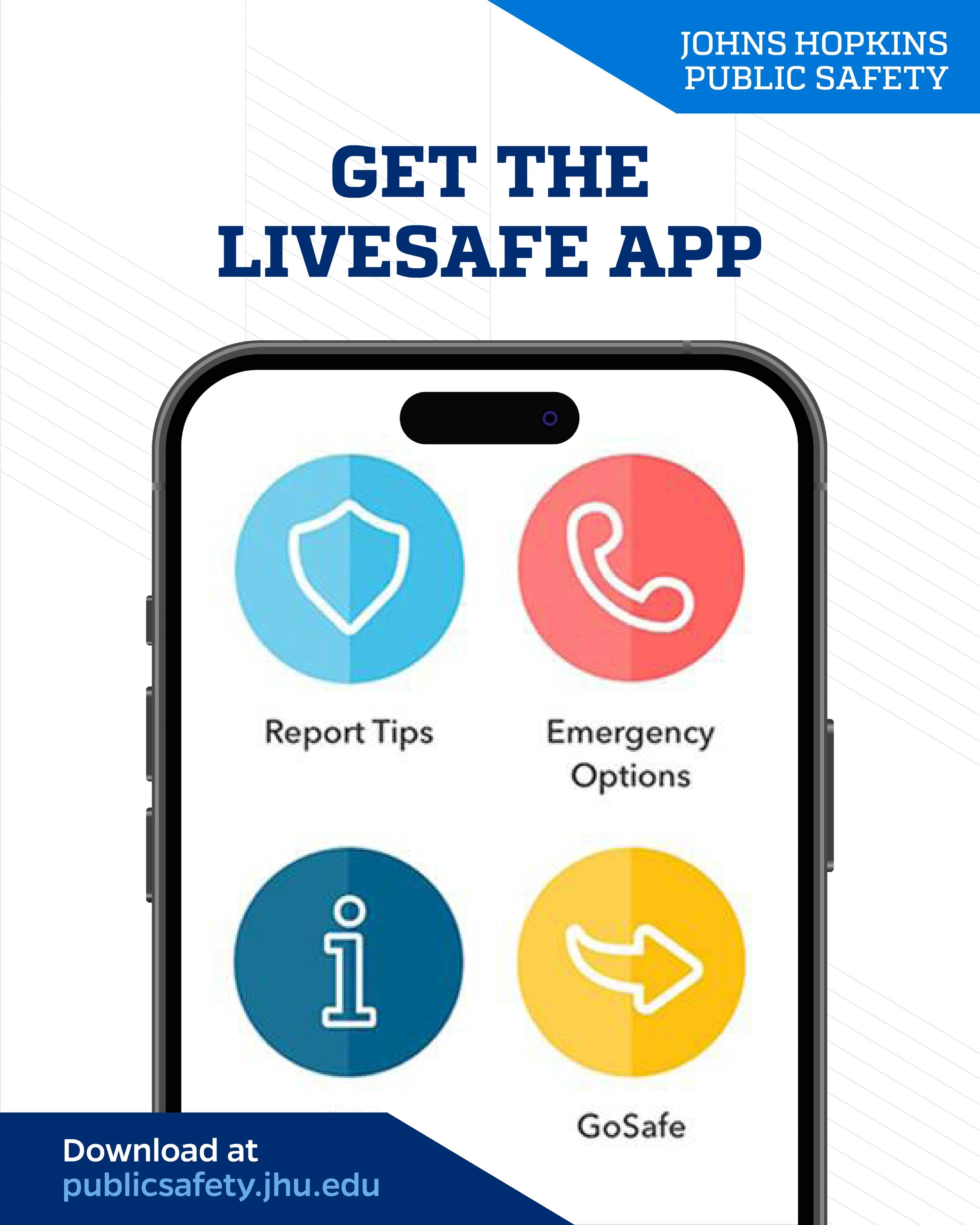 Poster promoting the Livesafe app from Johns Hopkins Public Safety. Features a smartphone screen with four icons: report tips, emergency options, information, and go safe, and includes download information at the bottom.
