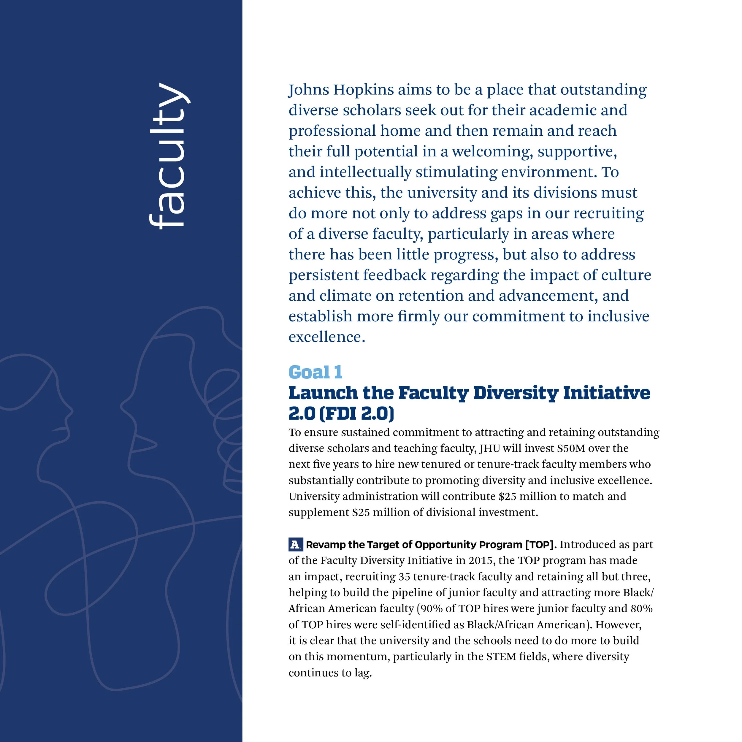 Text discussing Johns Hopkins University's commitment to diversity, including goals and initiatives for faculty diversity, with a blue sidebar featuring abstract line drawings of faces.