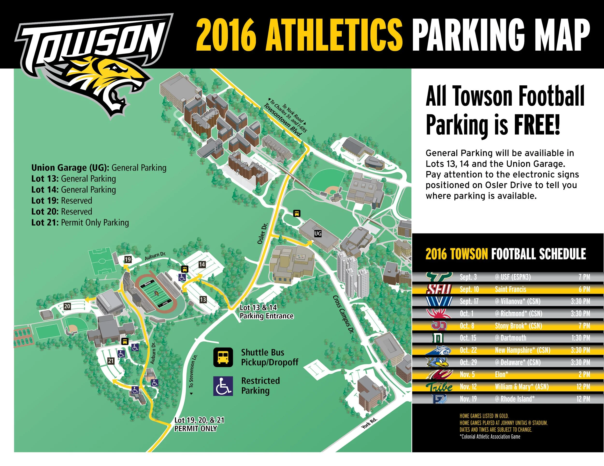 Map of Towson football stadium parking lots for the 2016 season, showing general, reserved, and permit parking areas, shuttle bus pickup points, and an athletic schedule on the right side.