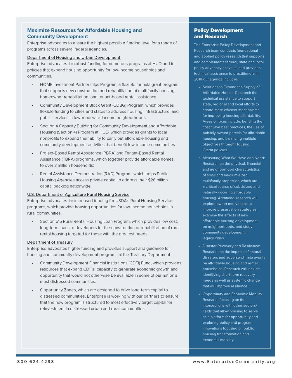 A two-column informational flyer detailing policies and programs for affordable housing and community development by various U.S. agencies, including the Department of Housing and Urban Development, USDA Rural Housing Service, and the Department of T