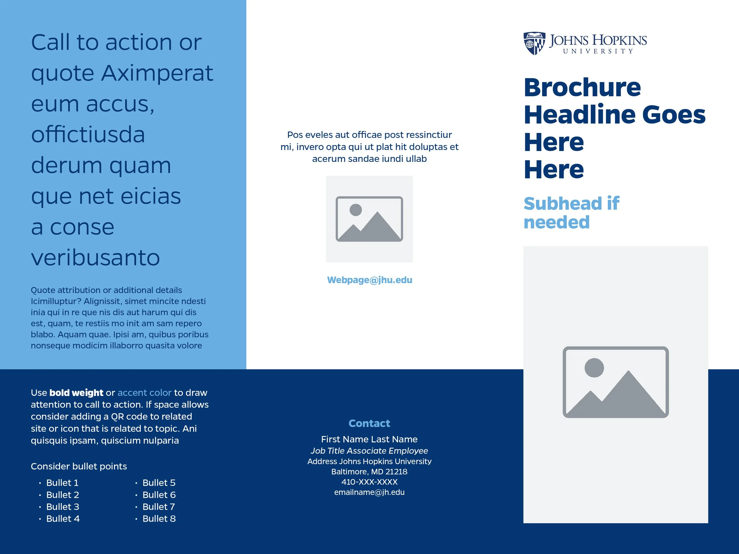 A Johns Hopkins University brochure featuring a large headline with placeholder text, subheader, contact information, and a section with bullet points. The brochure has a blue and white color scheme with a logo at the top right corner.