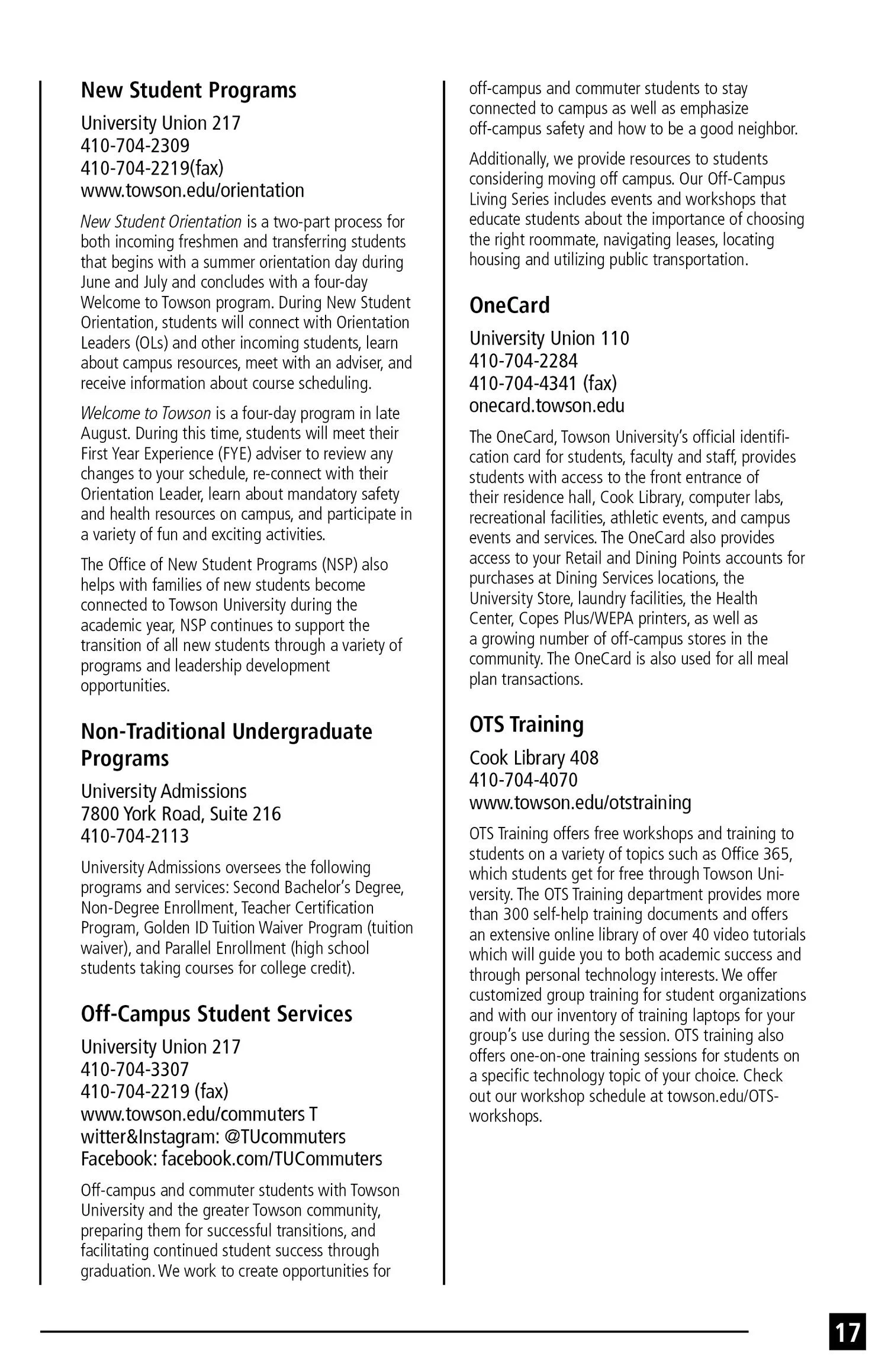A page from a university brochure detailing student programs, services, and contact information for Towson University.