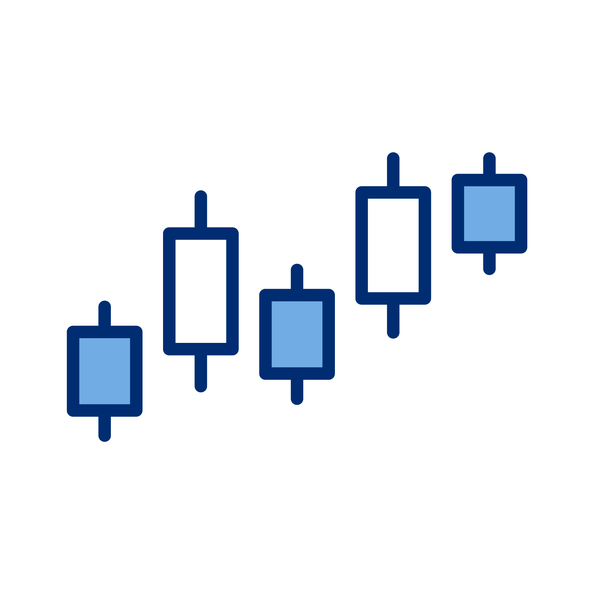 A digital illustration of a blue candlestick chart on a black background.