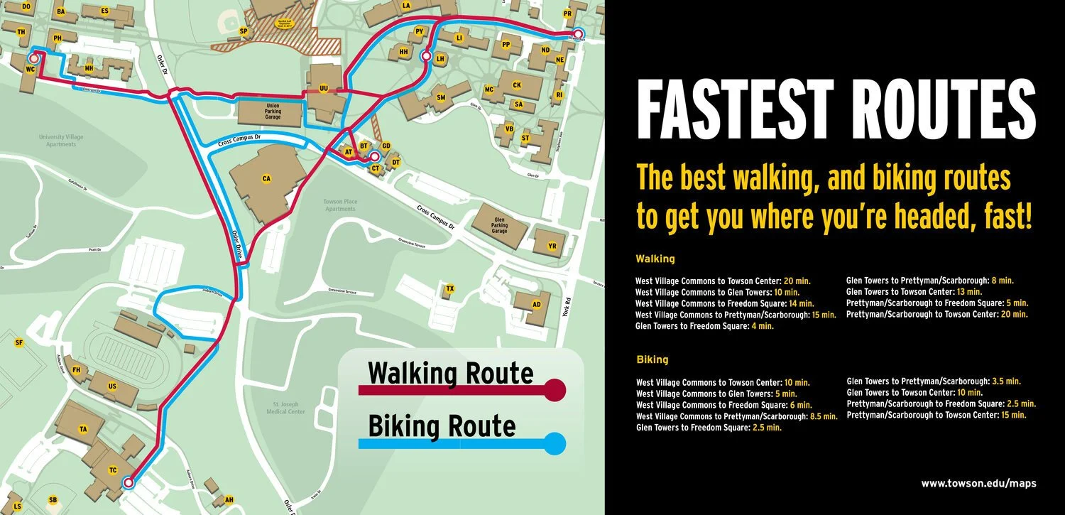 Map showing the fastest walking and biking routes around Towson University campus, with color-coded routes and estimated travel times for each route.