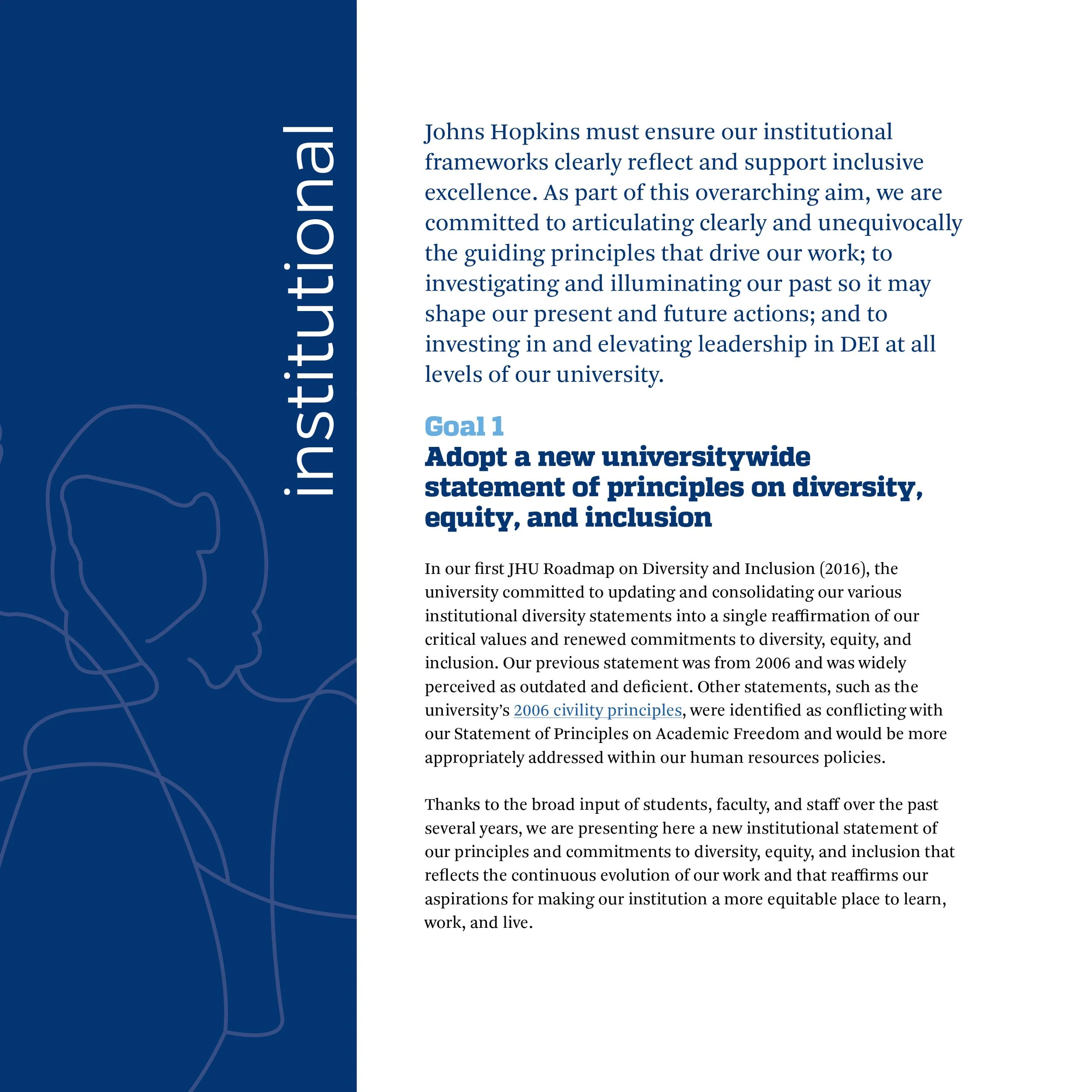A document page highlighting Johns Hopkins University's commitment to diversity and inclusion. Features a blue sidebar with an outline of a person's face, and text discussing institutional principles, goals, and diversity statements.