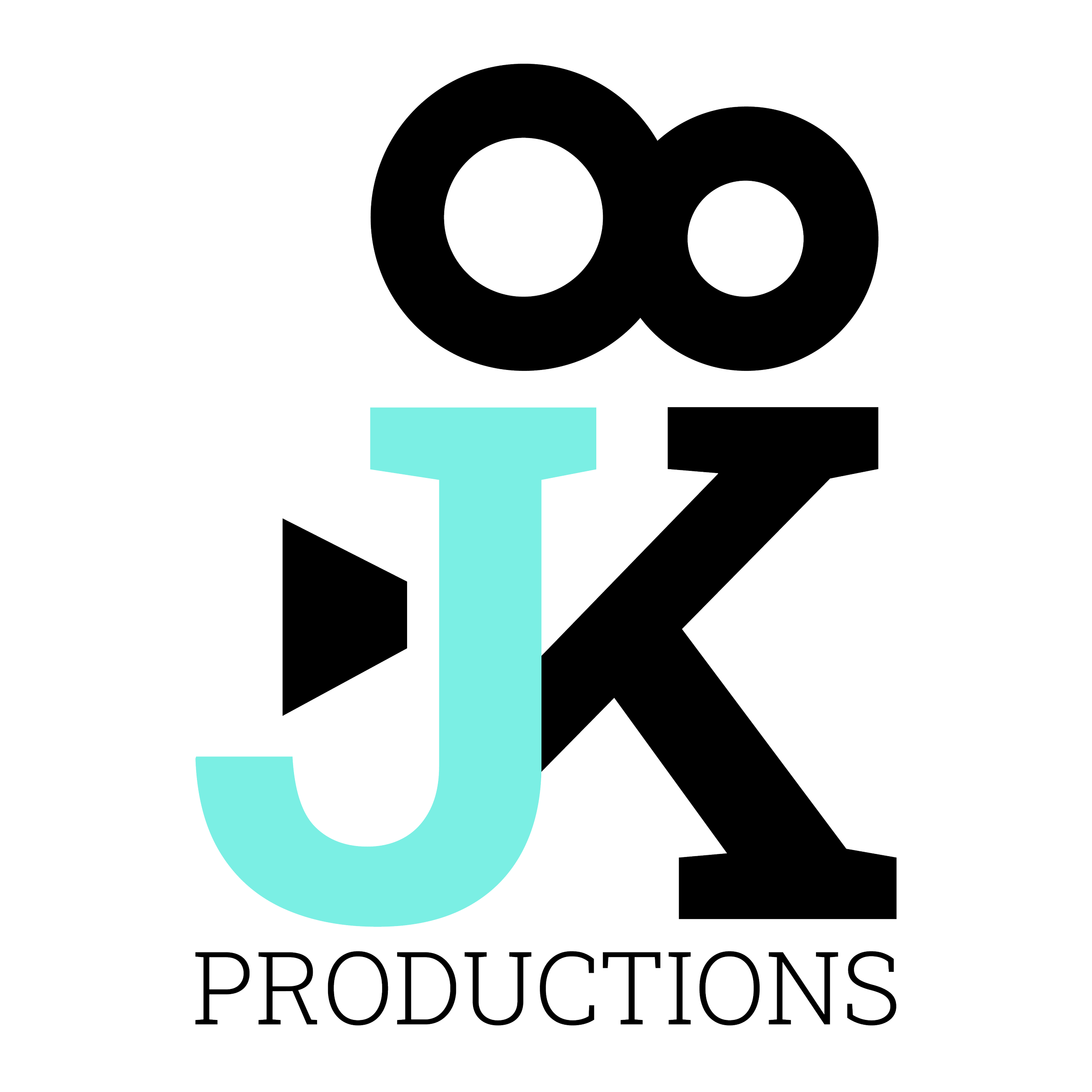 Logo for JK Productions featuring stylized text with a large light blue 'J' and a large black 'K' with a black infinity symbol above, and the word 'PRODUCTIONS' below.