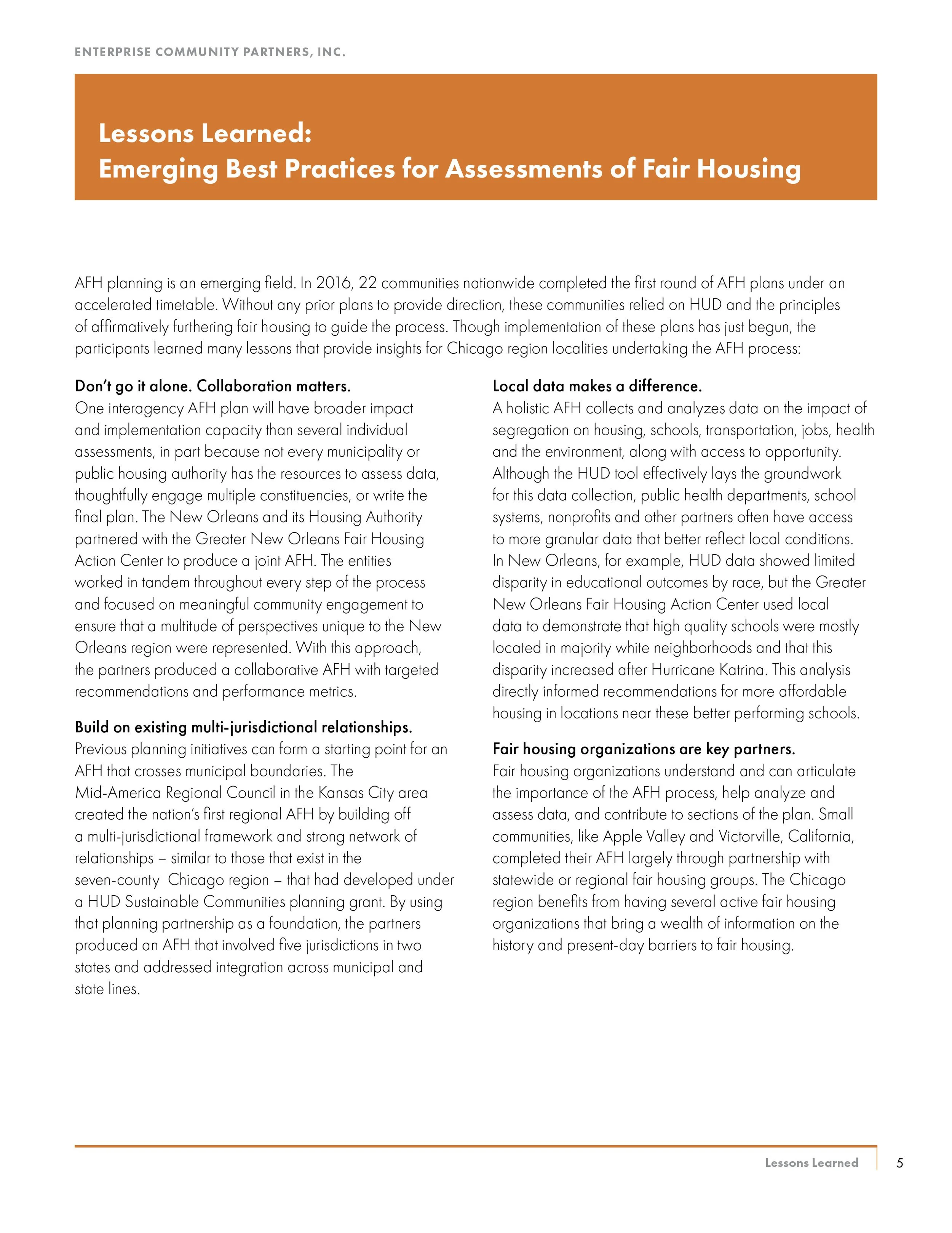Page from a report titled "Lessons Learned: Emerging Best Practices for Assessments of Fair Housing" discussing affordable housing, collaboration, local data, multi-jurisdictional relationships, and partnerships with organizations.