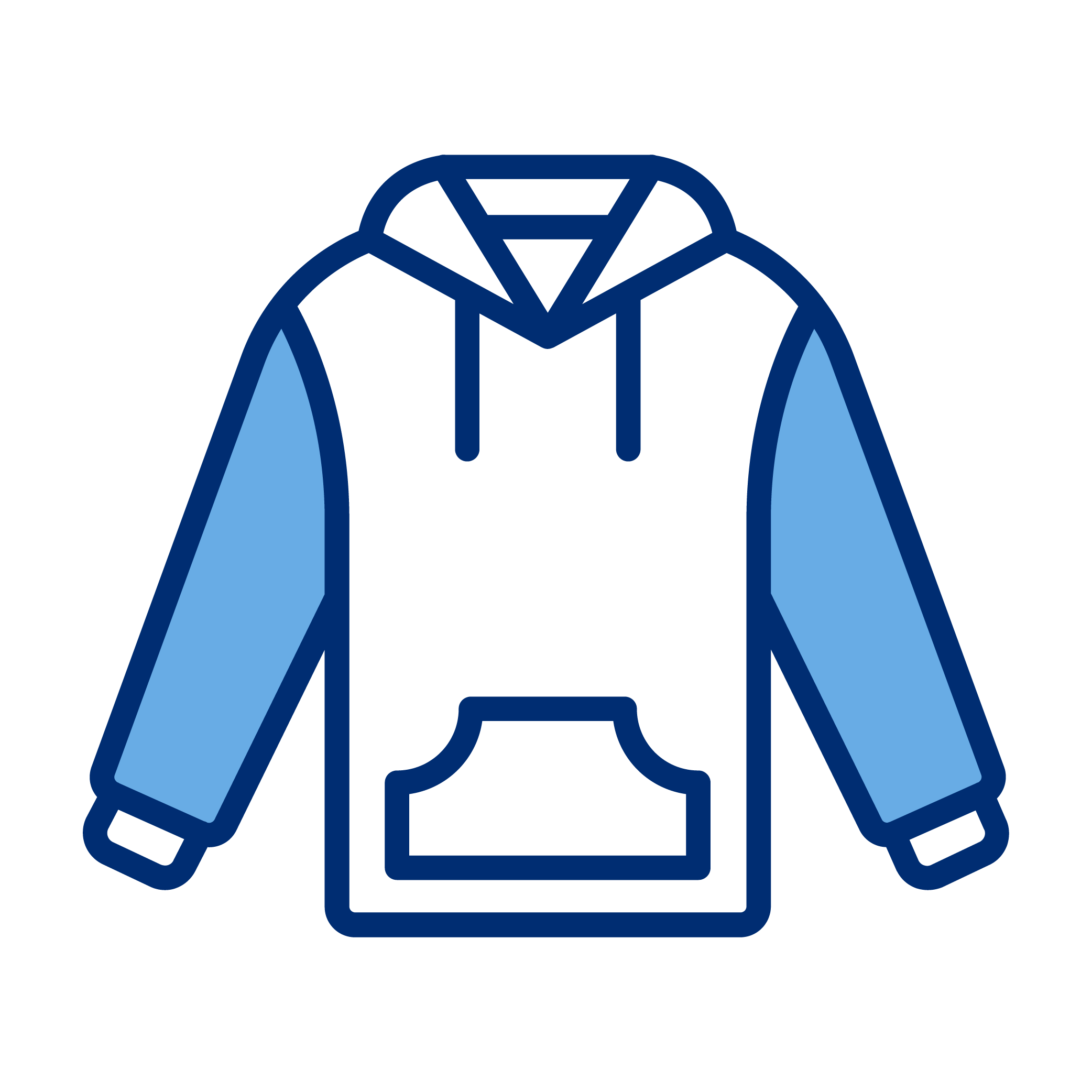 Outline illustration of a hoodie with a front pocket and drawstrings, in blue color.