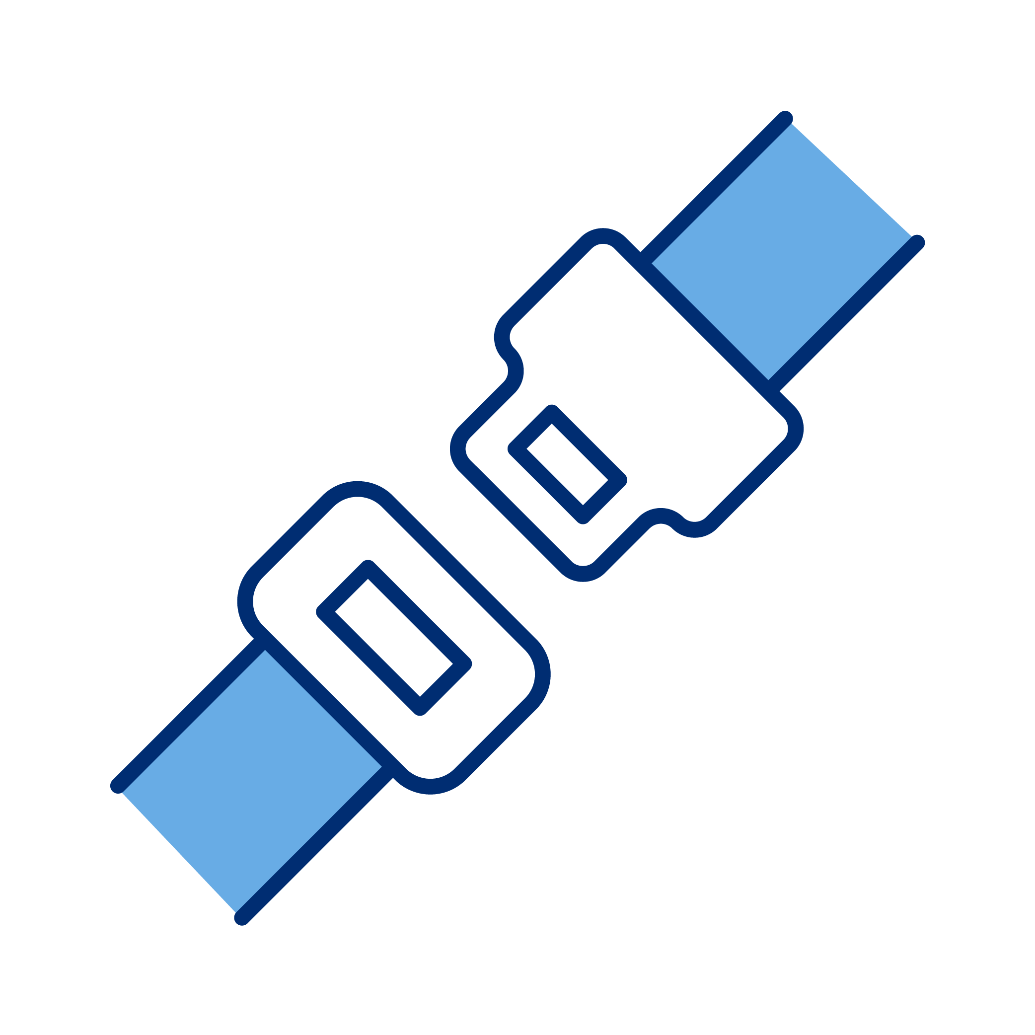 Graphic illustration of a blue seat belt buckle and strap isolated on black background.