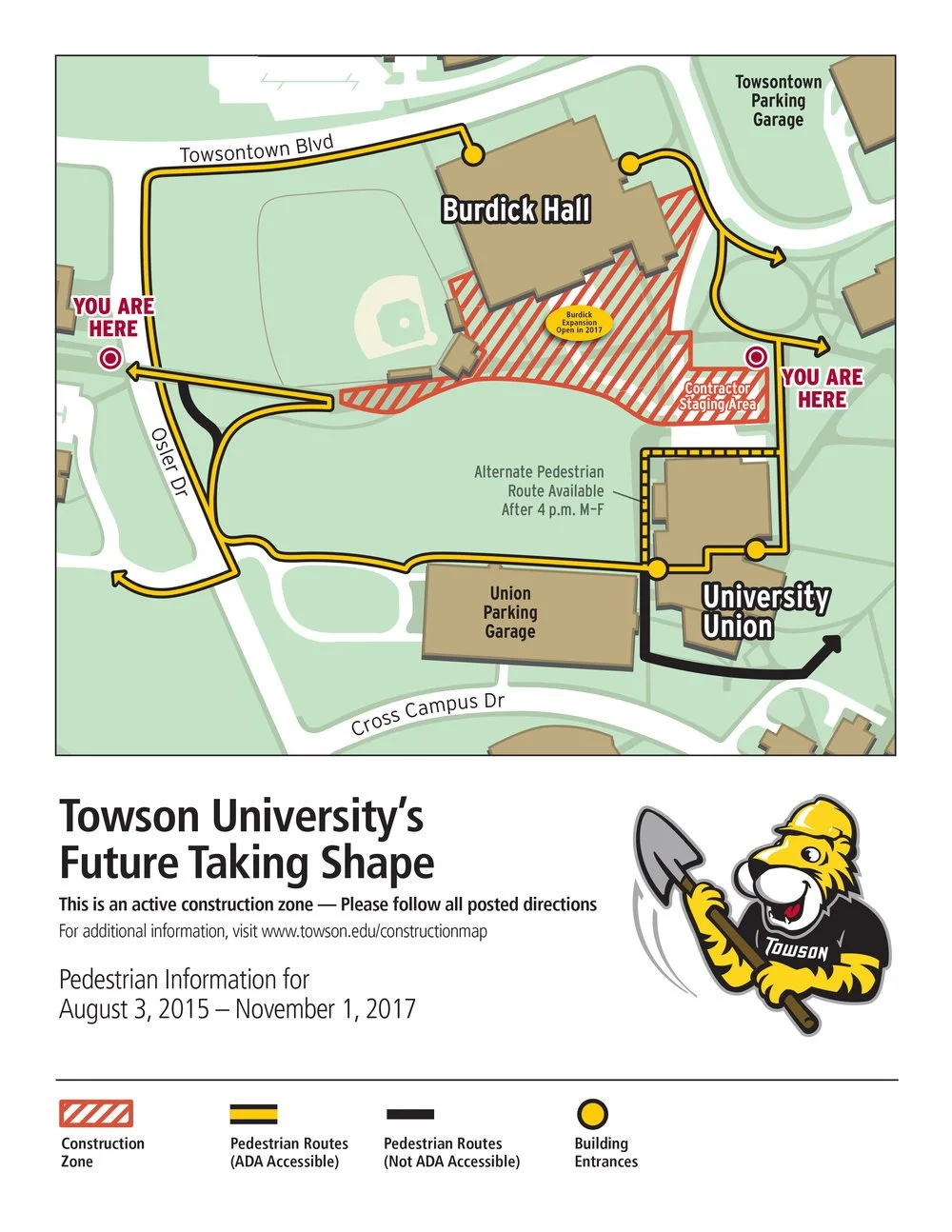 Map of Towson University construction zone with routes, buildings, and entrances, showing current pedestrian paths and detours.