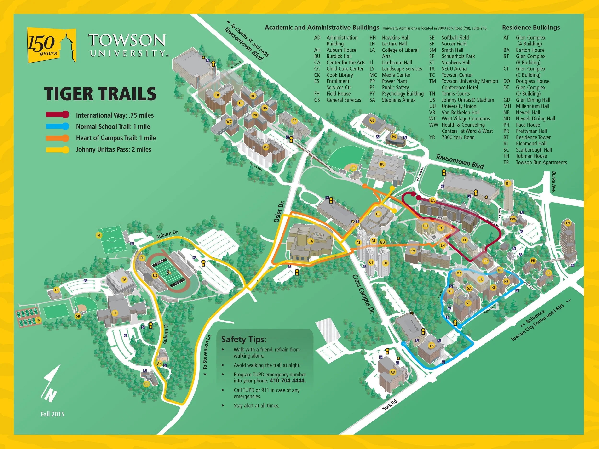 Map of Towson University campus showing different trails in various colors with key, legend, and safety tips, including academic, residence buildings, and amenities.