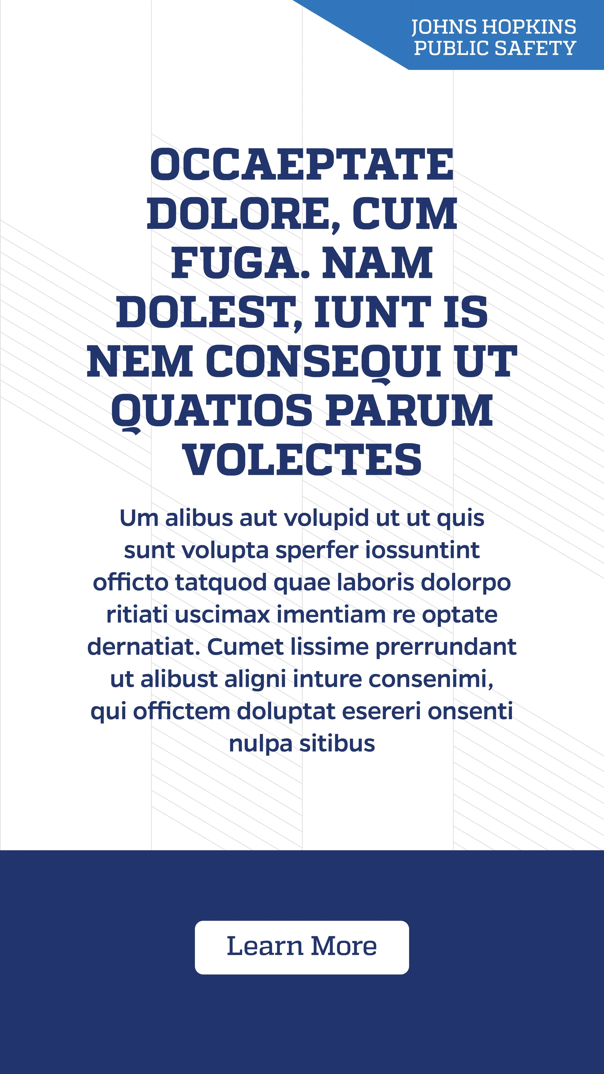 A digital advertisement for Johns Hopkins Public Safety with a blue and white color scheme. It features placeholder text in large bold font, a paragraph below, and a white button labeled "Learn More" at the bottom.