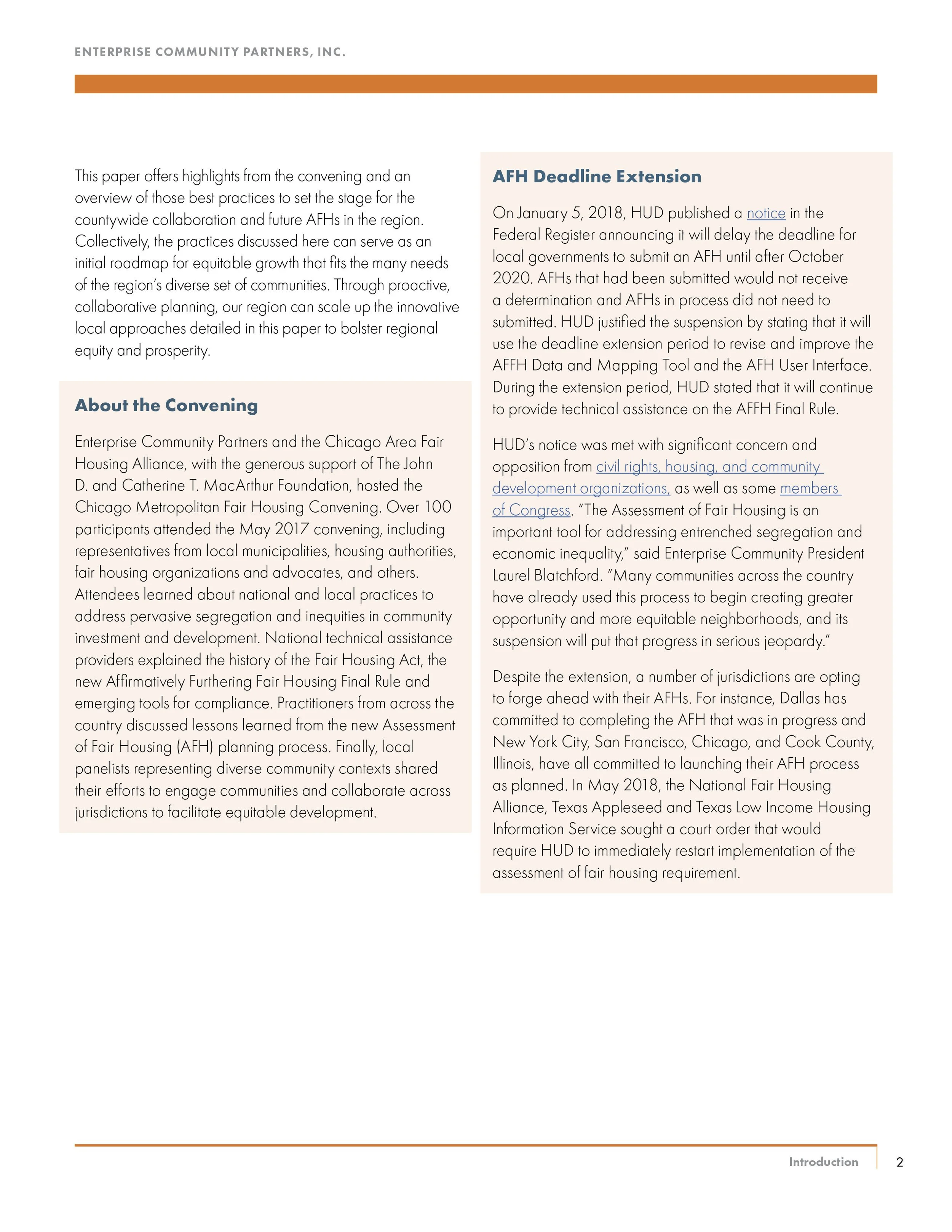 Page from a report or publication about community development and fair housing practices, featuring sections titled 'About the Conving' and 'AFH Deadline Extension', with text discussing fair housing act, HUD extensions, and community efforts.