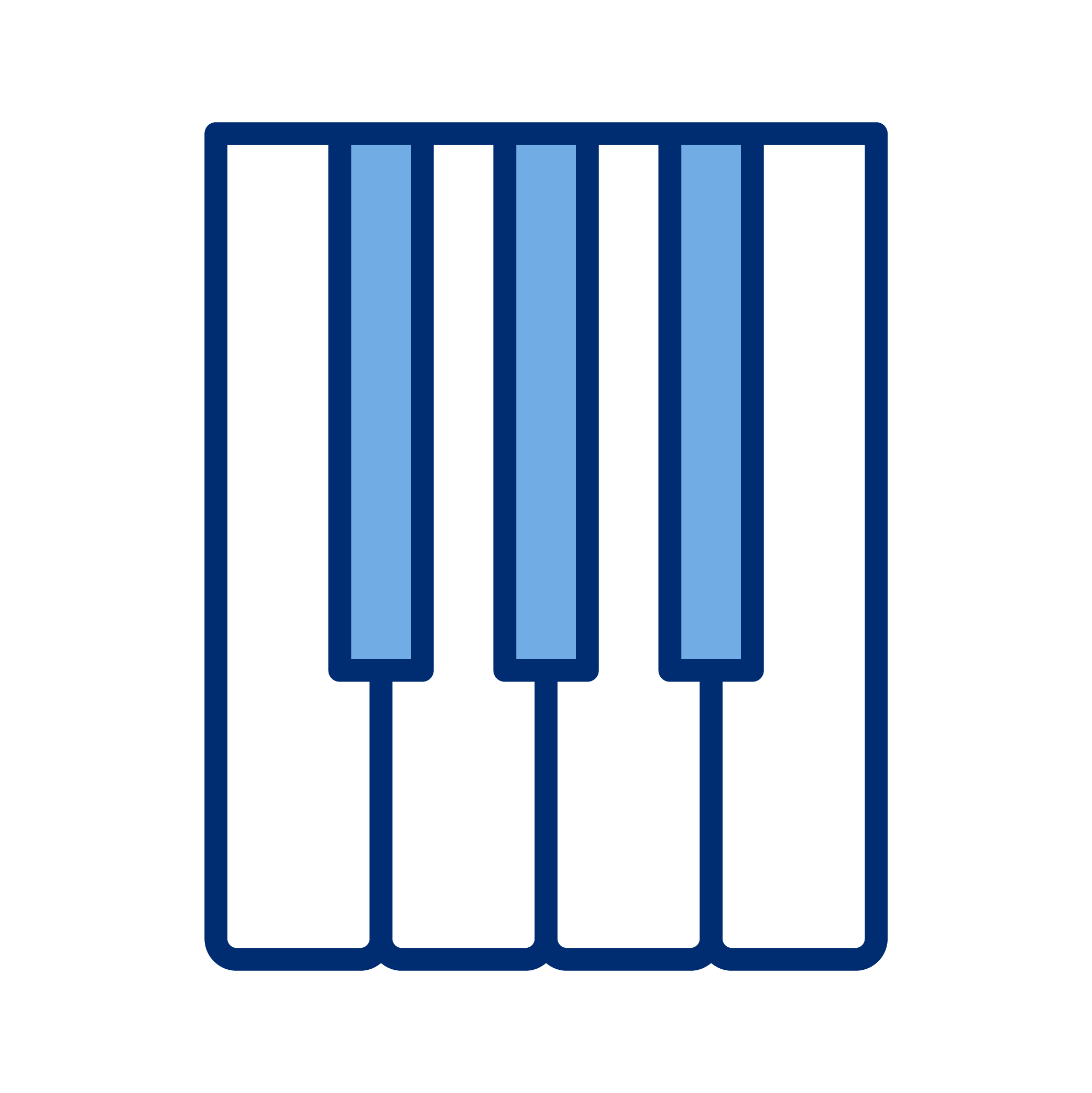 Digital illustration of a piano keyboard with five black and white keys on a black background.