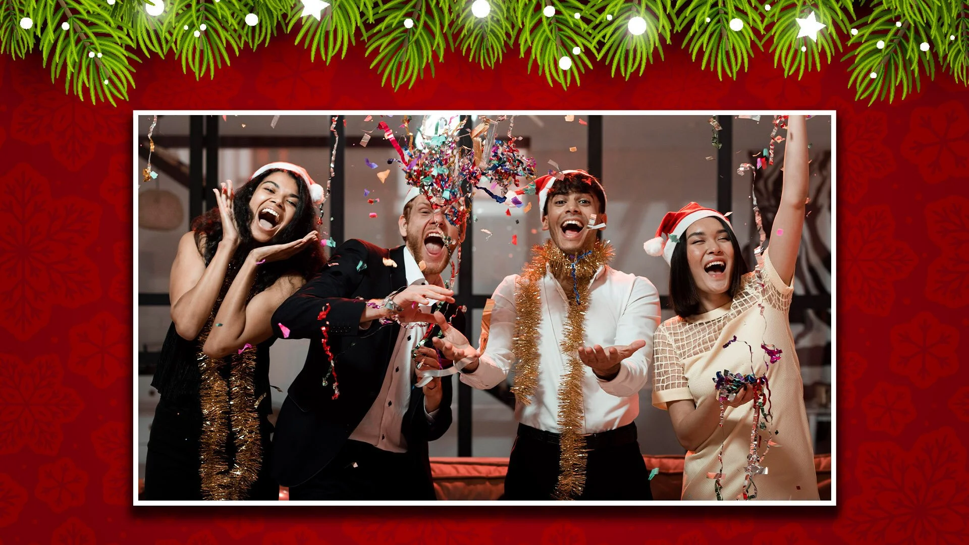 A group of five friends celebrating Christmas together, wearing Santa hats, with confetti and streamers in the air, smiling and having fun.