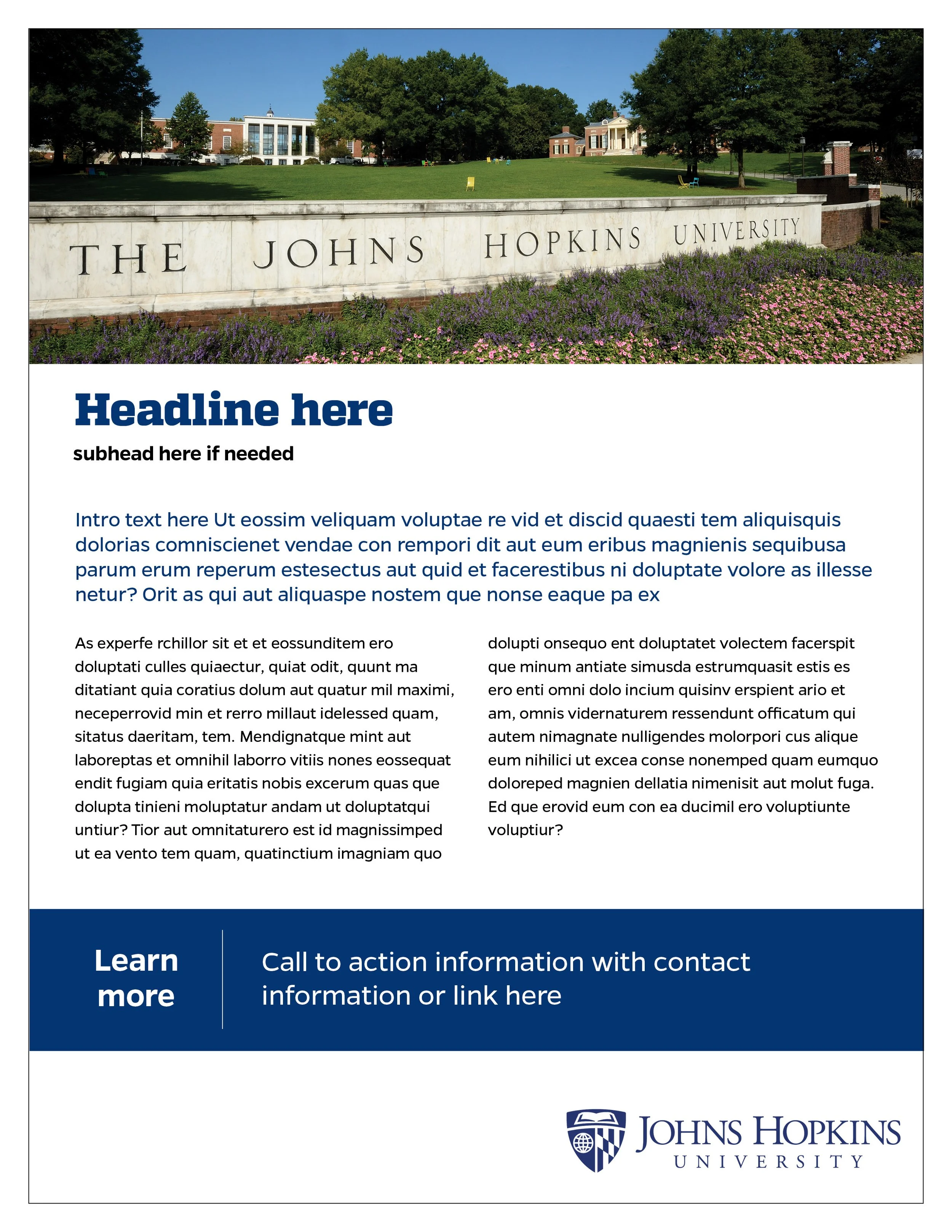 A photograph of the Johns Hopkins University campus showing a large stone sign with the university's name in front of a green lawn, trees, and campus buildings in the background.