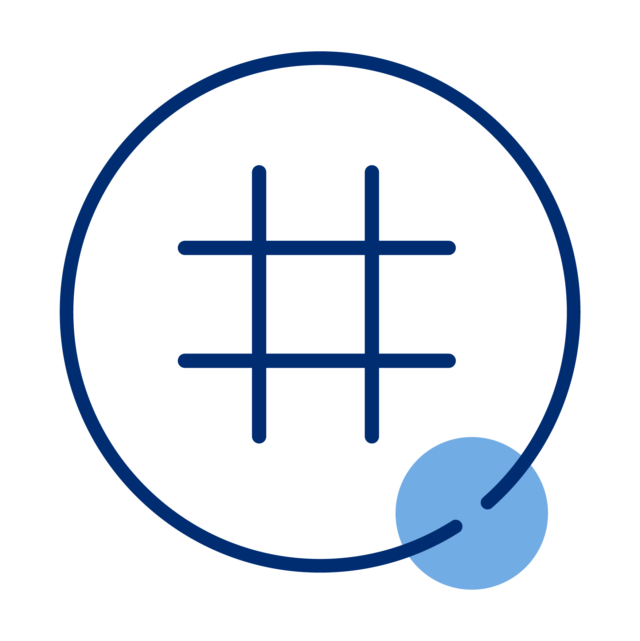 Graphic of a stylized network or connectivity symbol with a large circle, grid lines inside, and a smaller circle connected by a curved line at the bottom right.