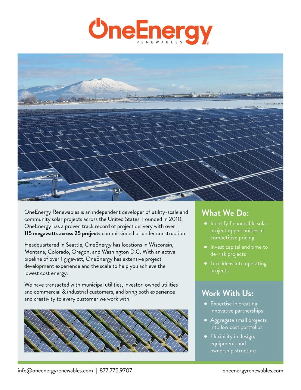 Flyer for OneEnergy Renewables featuring an image of solar panels in a snowy landscape with mountains in the background.