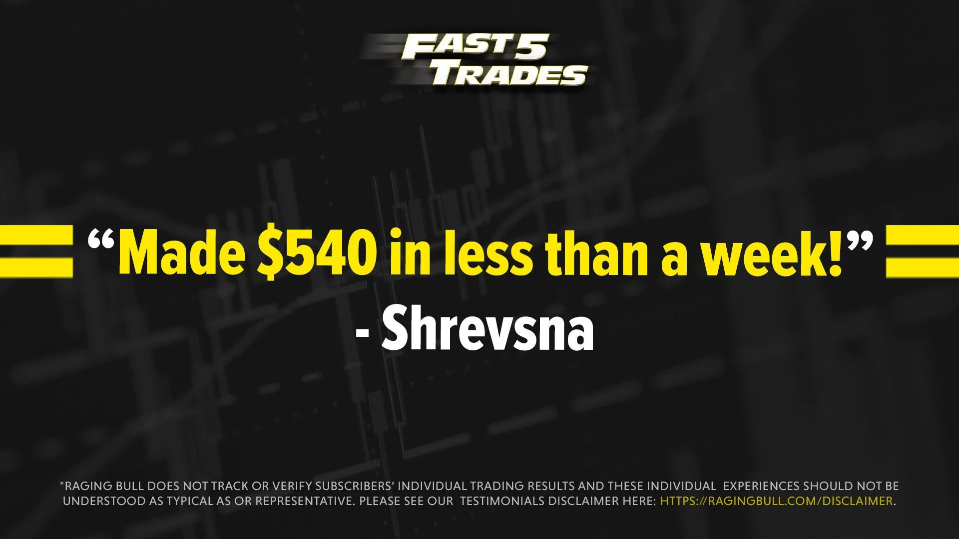 Text overlay on a dark background stating 'Made $540 in less than a week!' with the name 'Shrevsna' underneath, and a disclaimer at the bottom about trading results.