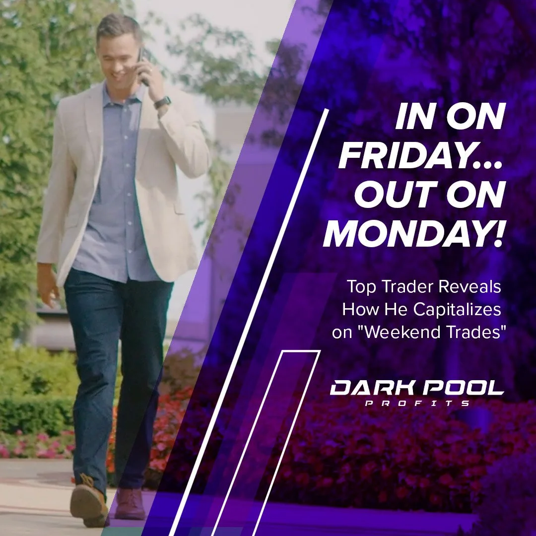 A man walking outdoors, talking on a cellphone, dressed in a light blazer and jeans, with a park and trees in the background. Overlaid text promotes a trading reveal with a dark purple background and white text.