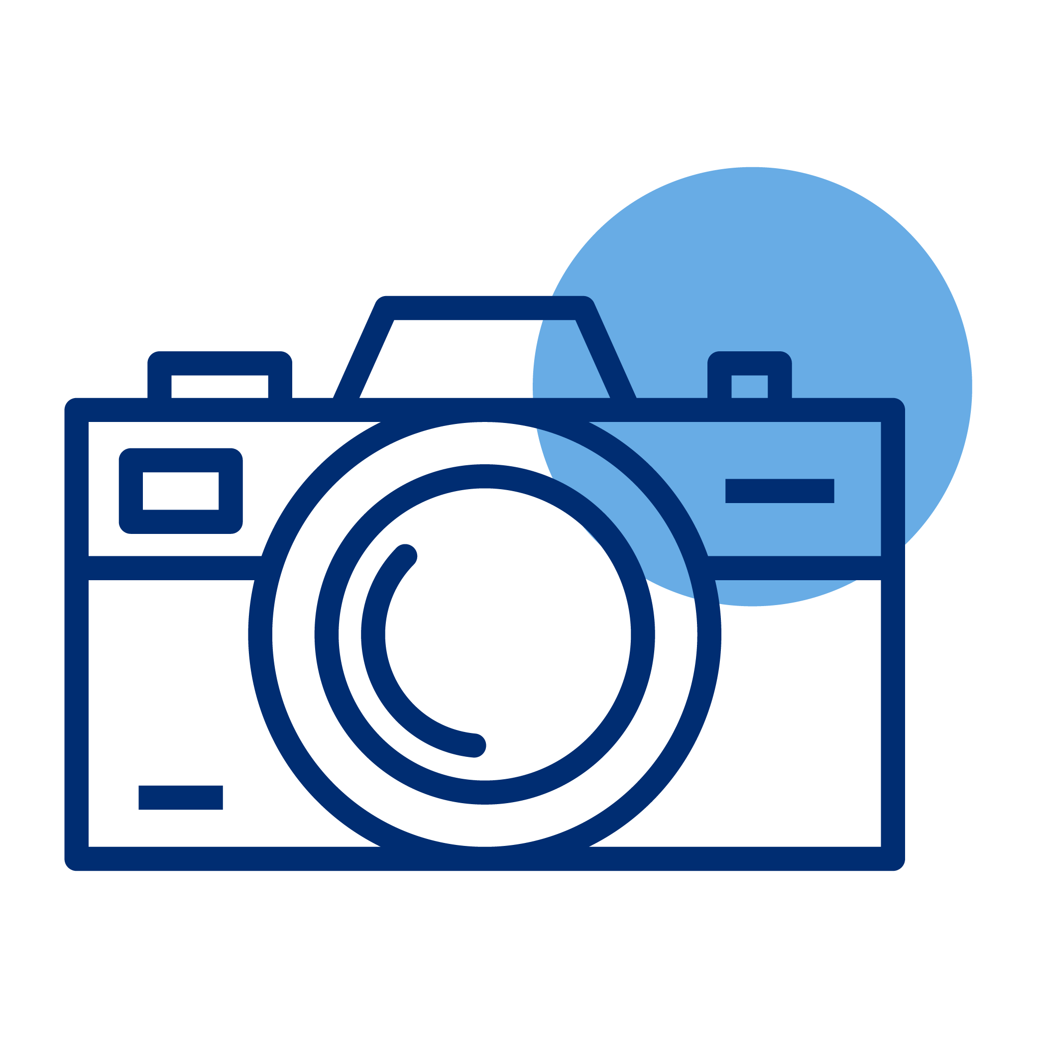 Outline of a camera with a blue circle background.