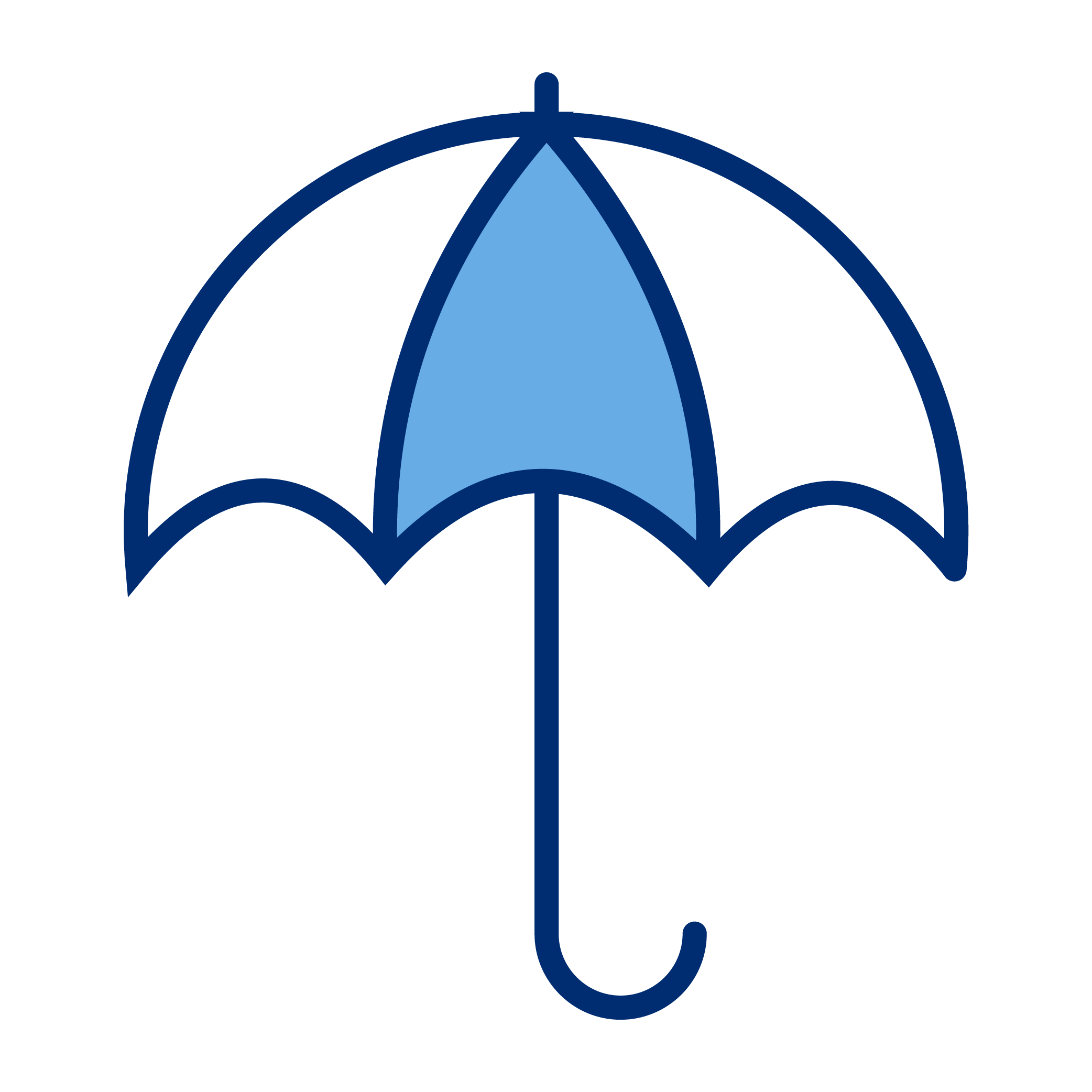 Icon of a blue umbrella with a curved handle on a black background.