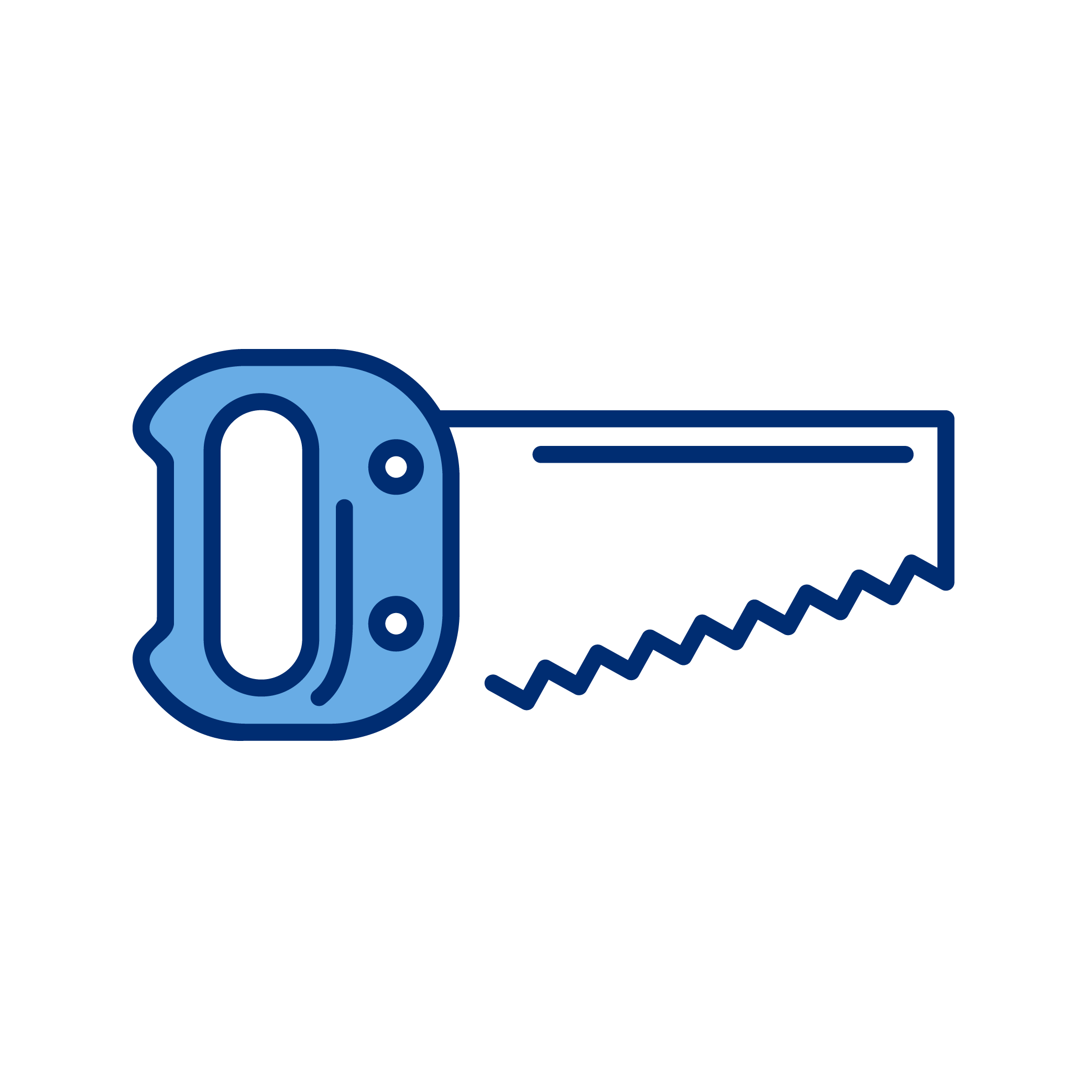 Illustration of a hand saw with a blue handle and a jagged blade.