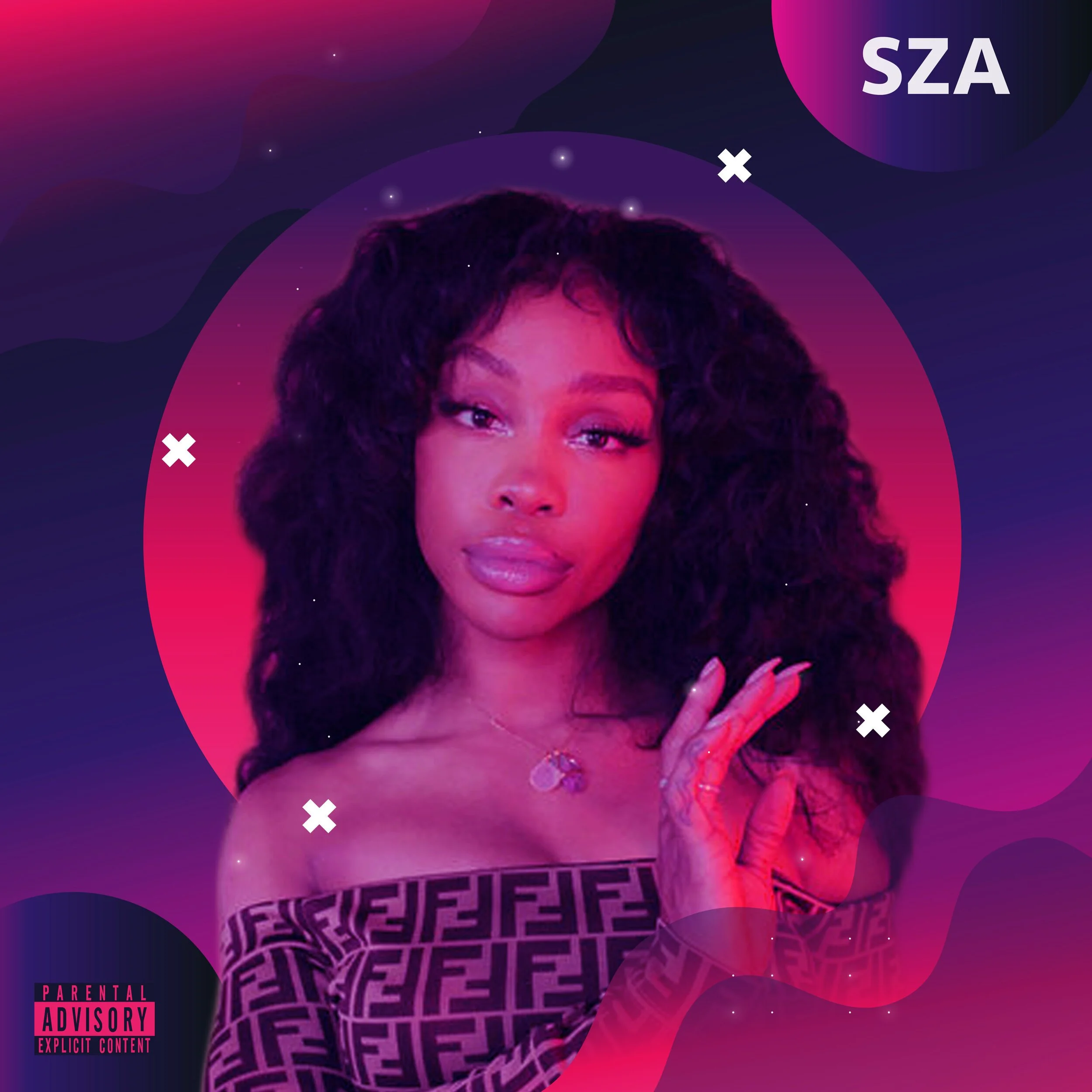 A young woman with long, curly black hair wearing an off-the-shoulder patterned top and jewelry, posing against a colorful, vibrant background with circles and abstract shapes.