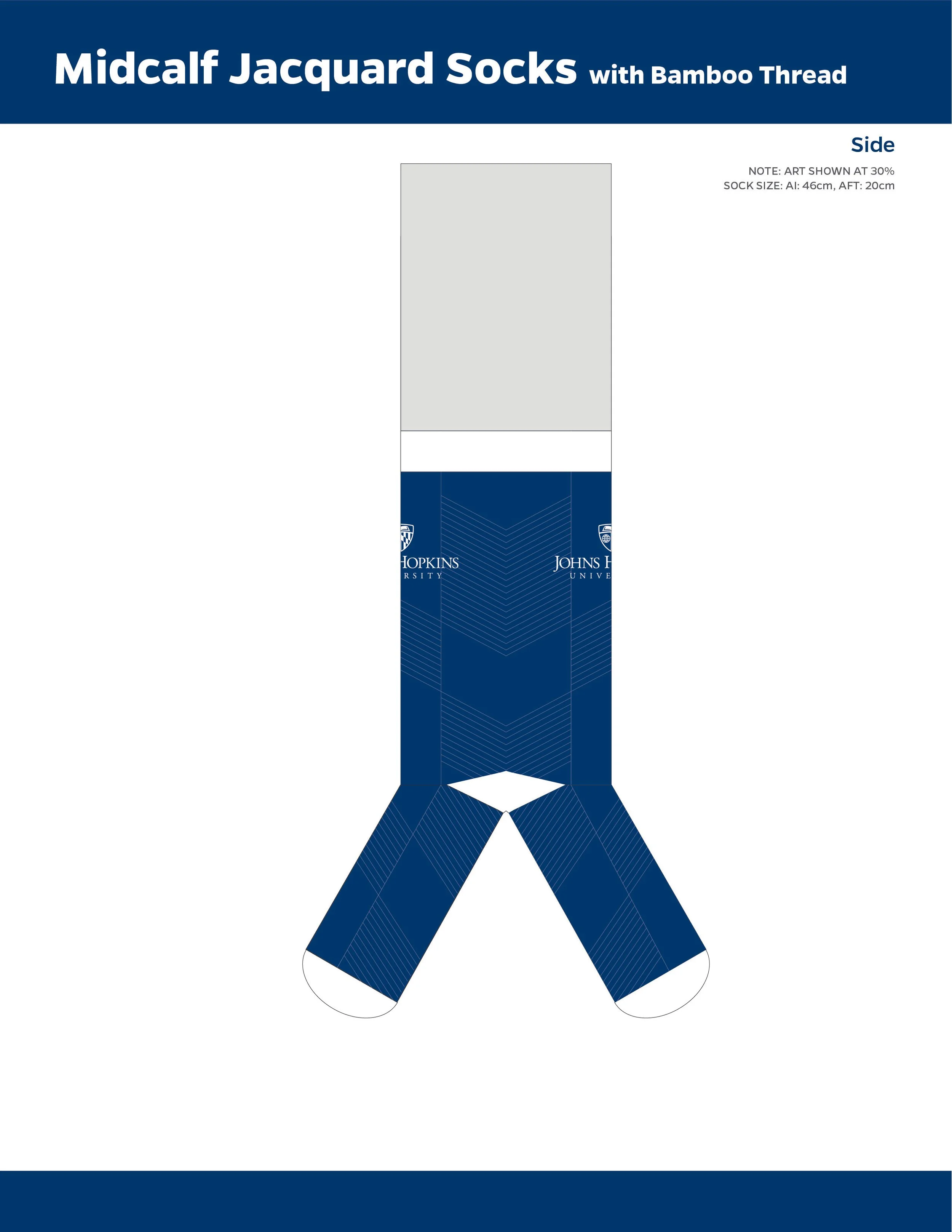 Graphics of mid-calf Jacquard socks with bamboo thread, featuring blue and white designs, and Hopkins University logo, with a side view of the socks.
