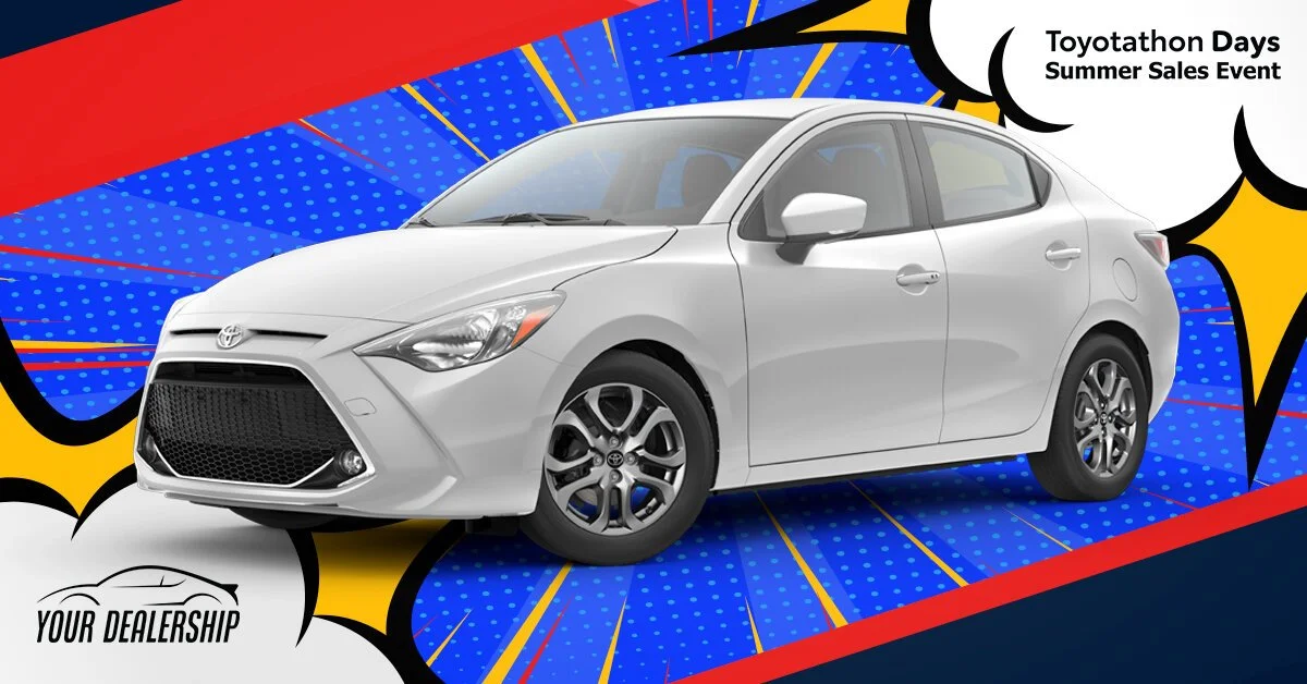 A silver sedan car displayed on a colorful graphic background promoting Toyotathon Days summer sales event at a dealership.