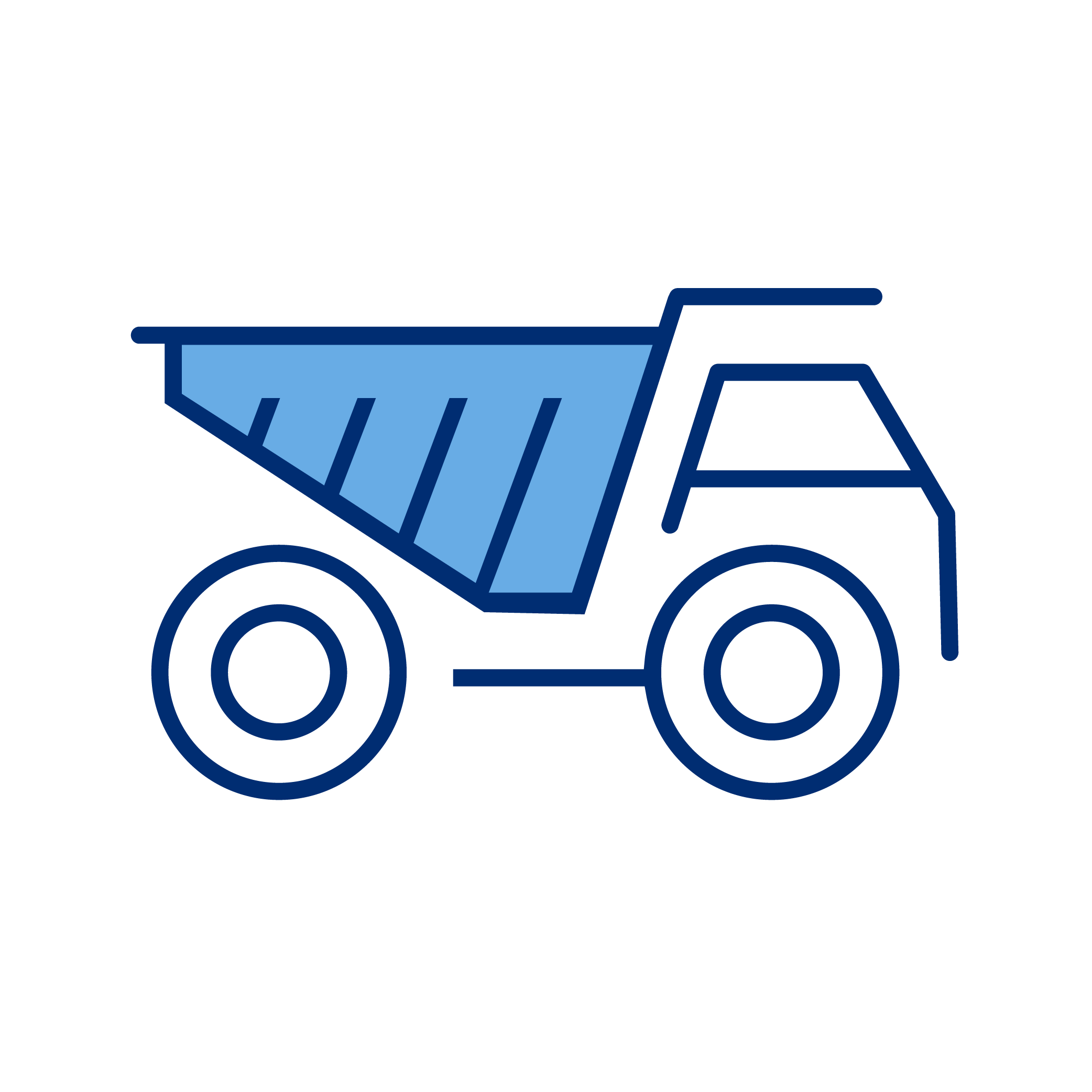 Illustration of a dump truck with a blue load and dark blue outline.