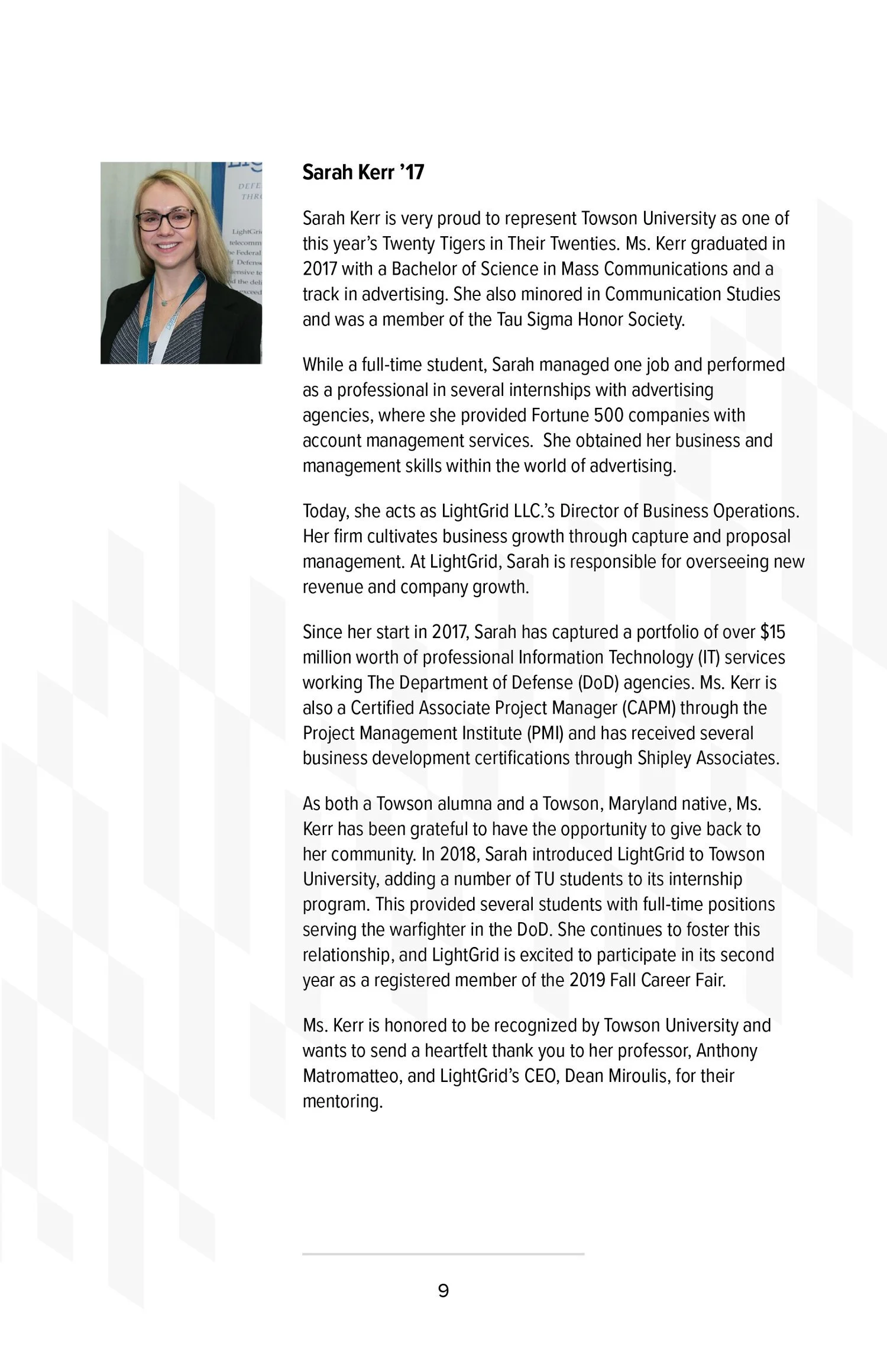 A professional profile of Sarah Kerr, a woman with blonde hair, glasses, wearing a black blazer and a blue lanyard, smiling in a headshot.