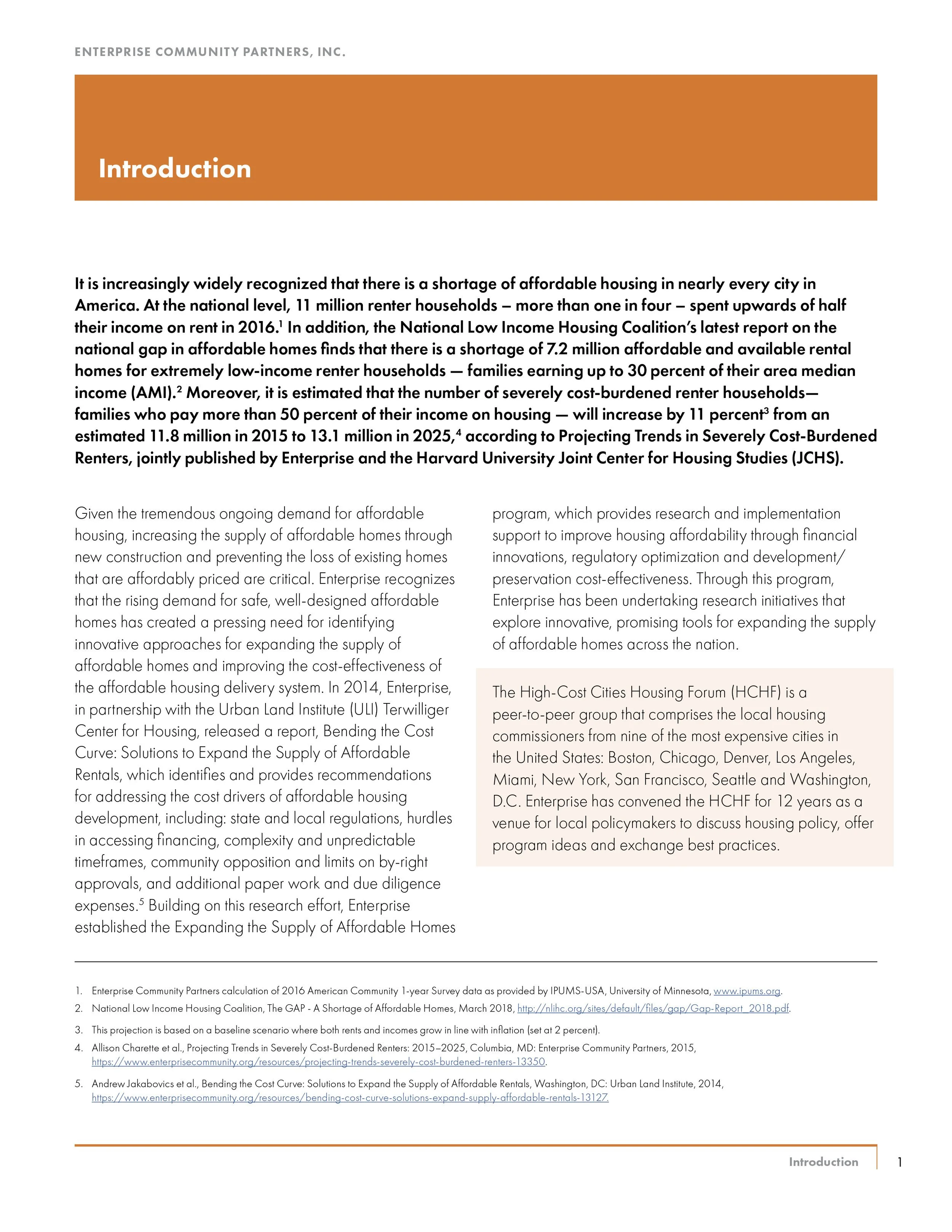 Page from a report titled 'Enterprise Community Partners, Inc.' with an orange header labeled 'Introduction'. The page contains text discussing affordable housing shortages in America, housing costs, and related research programs. It includes a highl