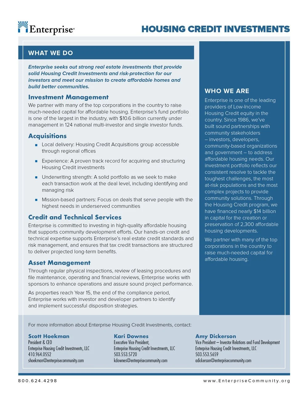 A flyer about Enterprise's housing credit investments, highlighting their focus on real estate investments, partnerships, experience, asset management, and contact information for key executives.