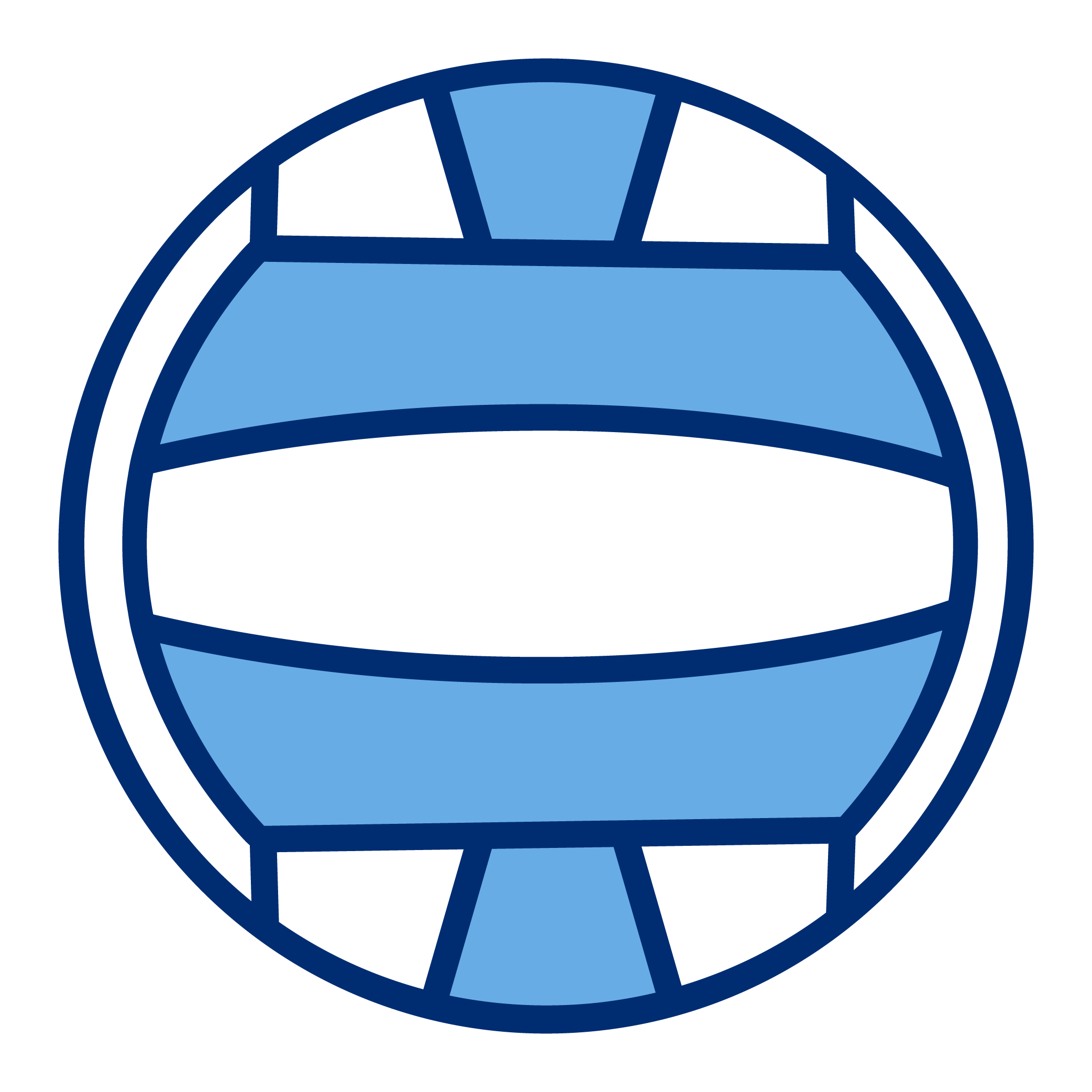 A stylized illustration of a round logo with blue and black sections, resembling a gaming or sports emblem.